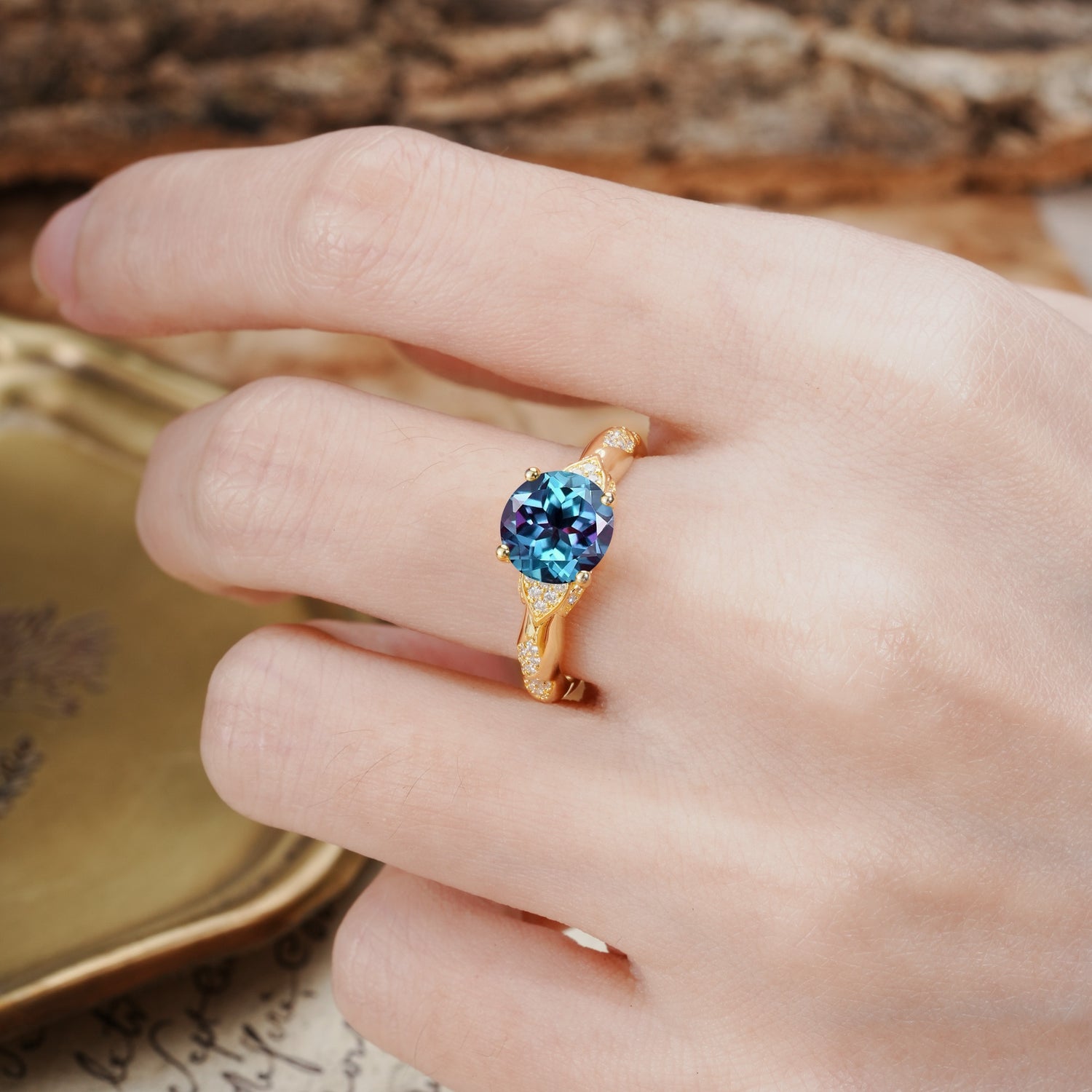 Nature-Inspired, Uniquely Luxurious 4-Prong Round Cut Alexandrite Engagement Ring