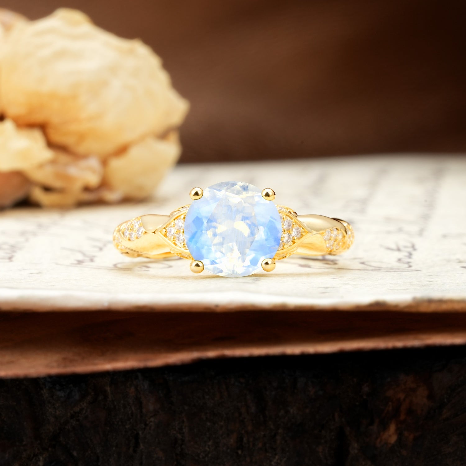 Nature-Inspired, Uniquely Luxurious 4-Prong Round Cut Moonstone Engagement Ring