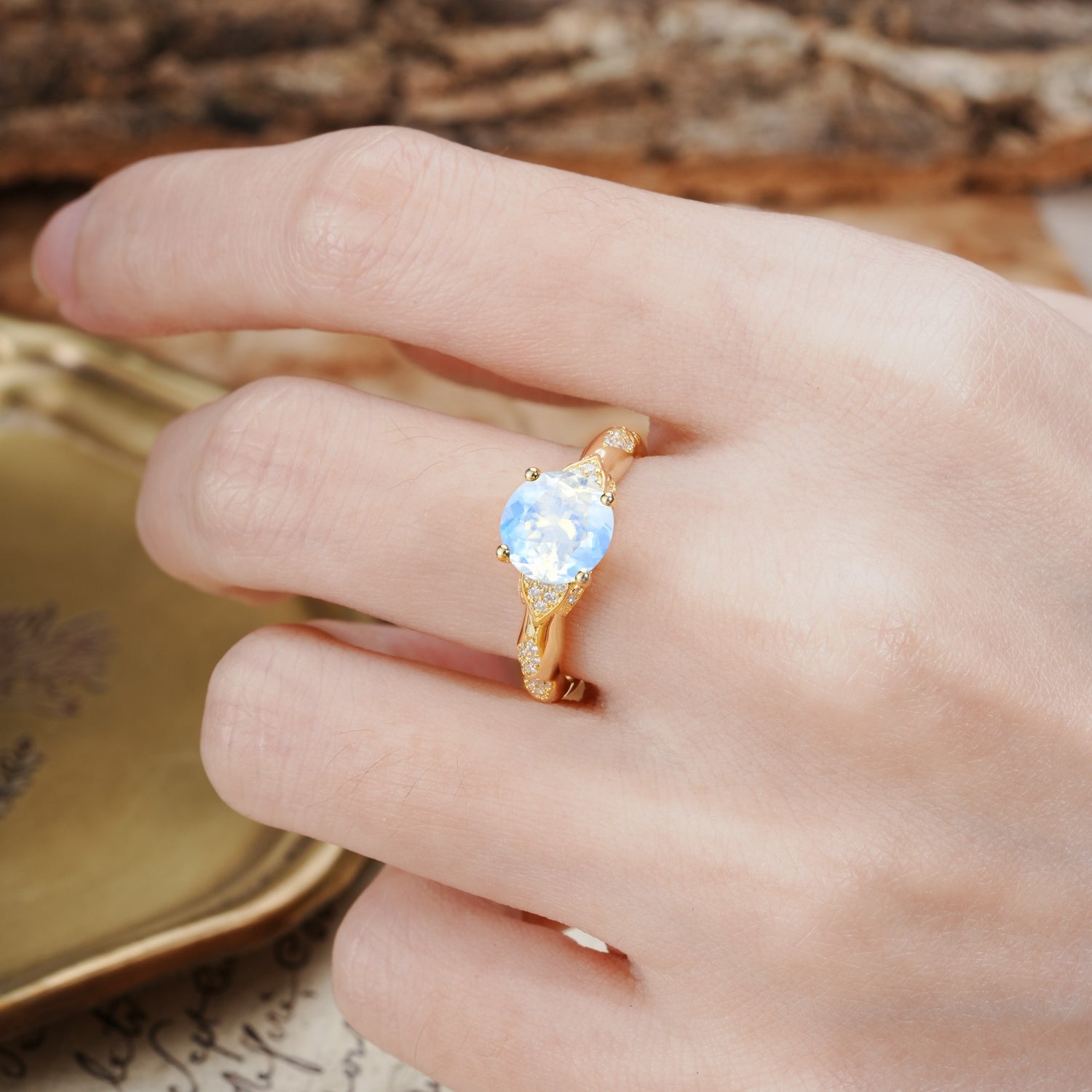 Nature-Inspired, Uniquely Luxurious 4-Prong Round Cut Moonstone Engagement Ring