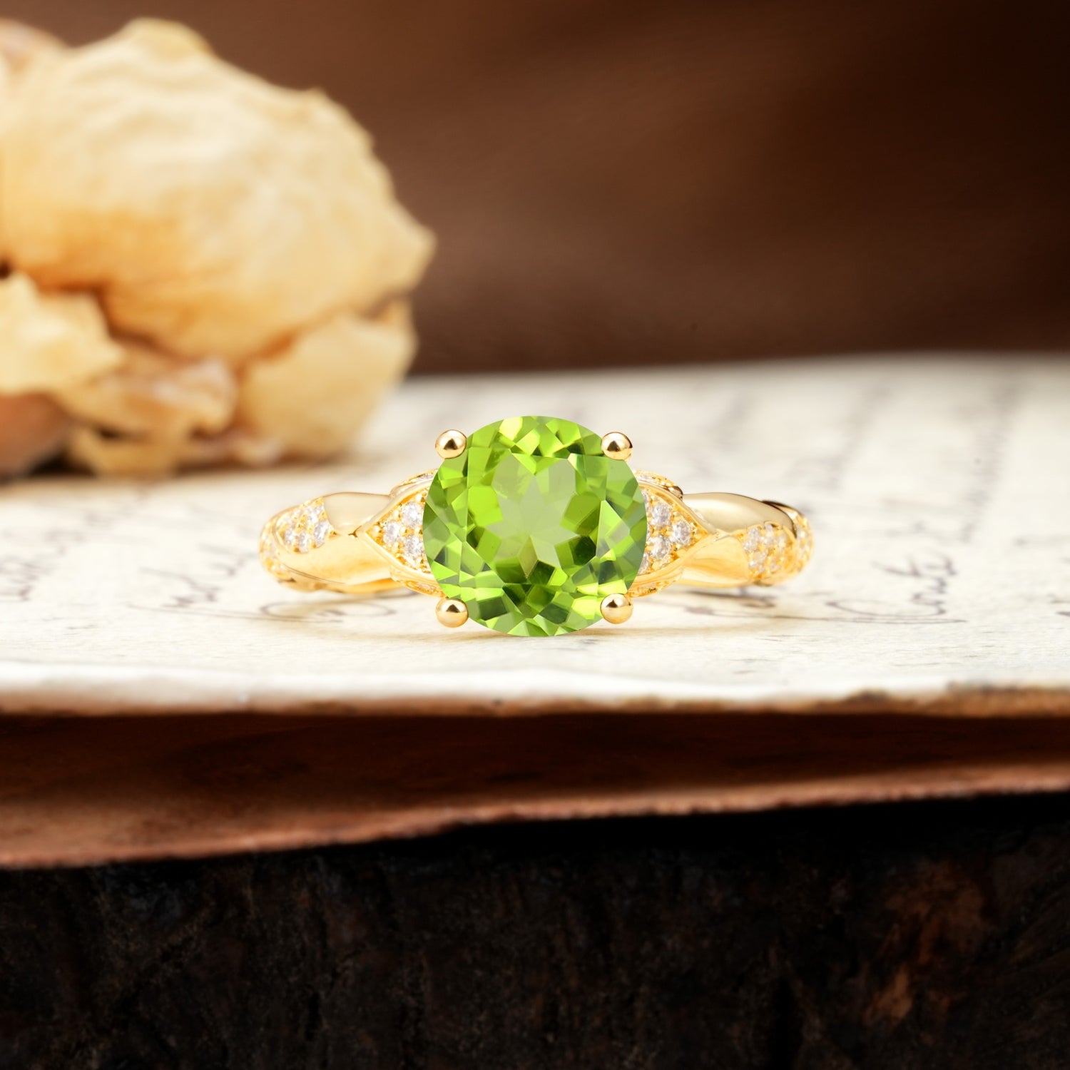Nature-Inspired, Uniquely Luxurious 4-Prong Round Cut Peridot Engagement Ring