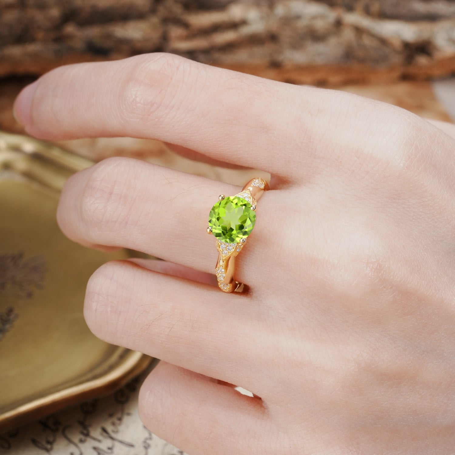 Nature-Inspired, Uniquely Luxurious 4-Prong Round Cut Peridot Engagement Ring