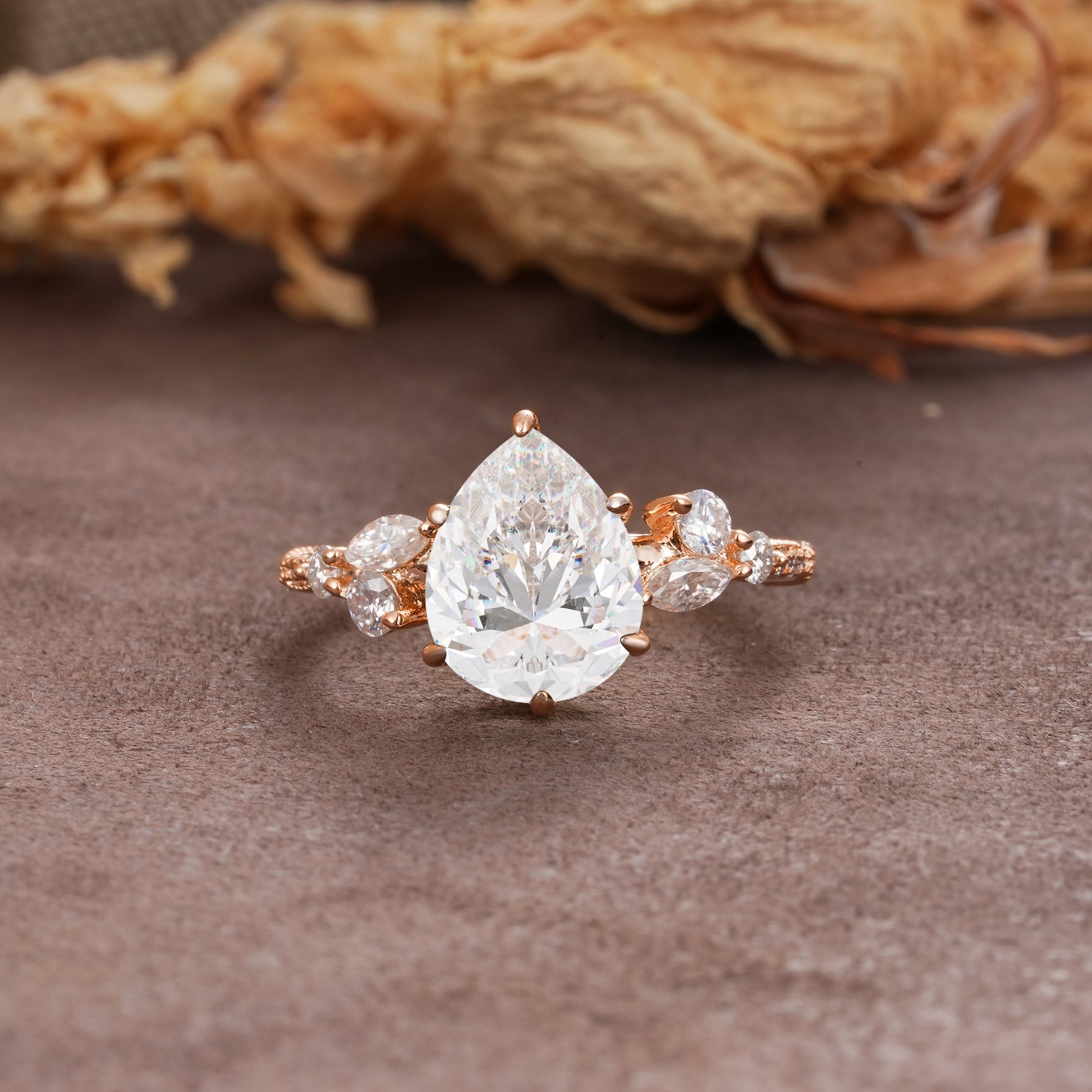Delicate Leaf Vine Multi 4 Prong Pear Cut Moissanite Engagement Ring - Additional view