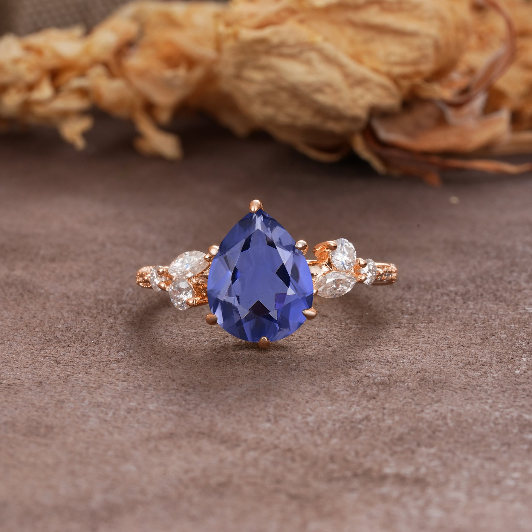 Delicate Leaf Vine Multi 4 Prong Pear Cut Tanzanite Engagement Ring - Additional view