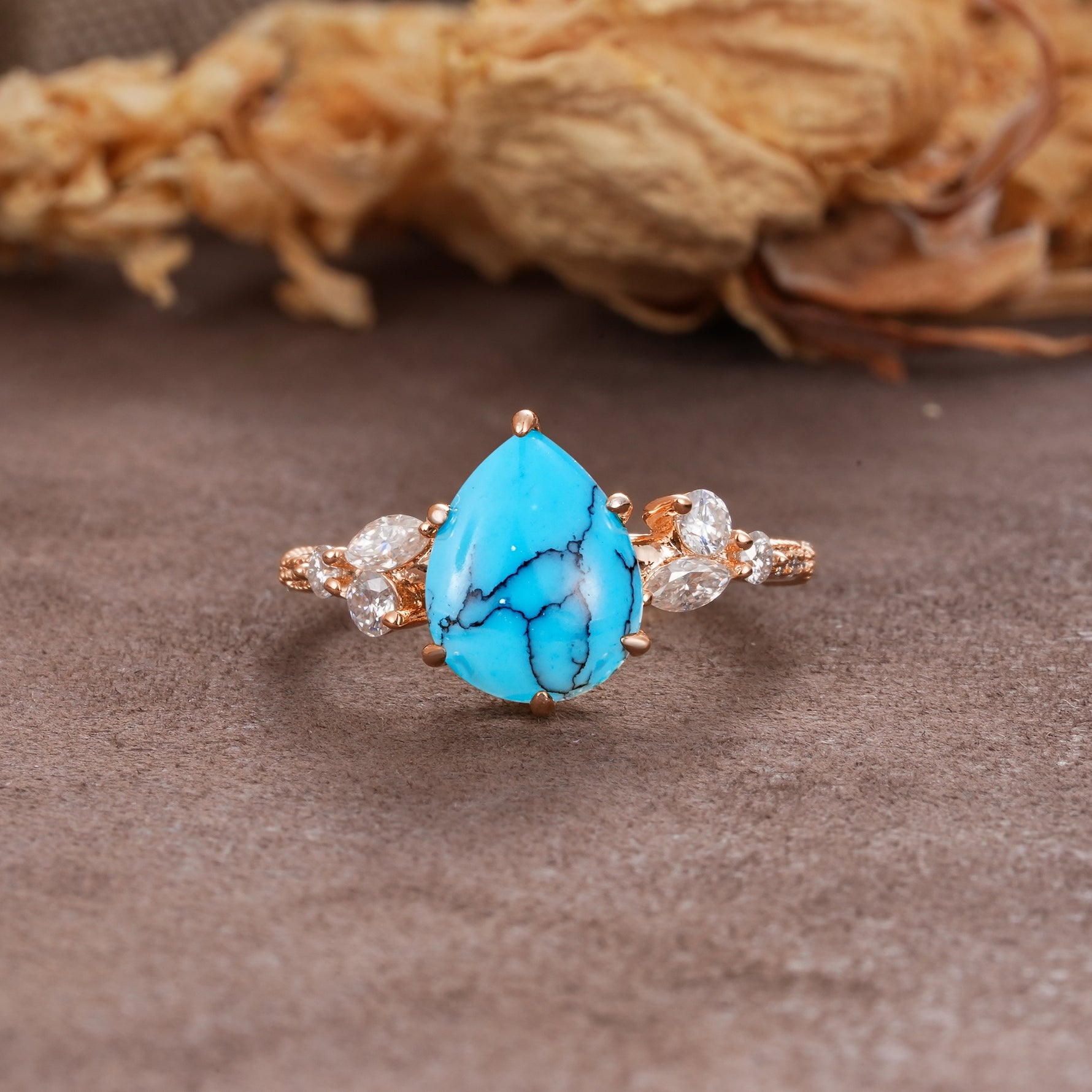 Delicate Leaf Vine Multi 4 Prong Pear Cut Turquoise Engagement Ring - Additional view