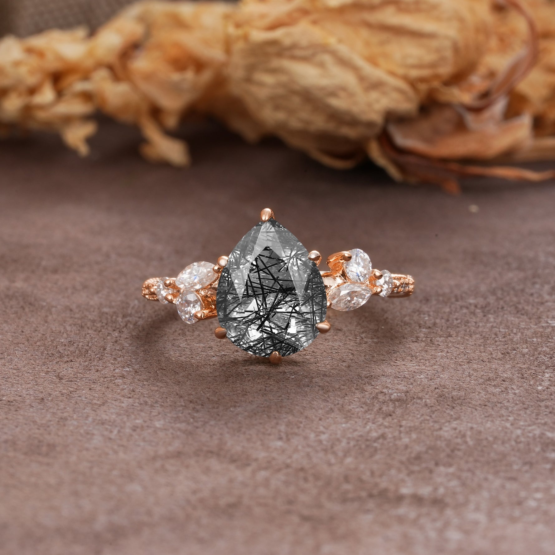 Delicate Leaf Vine Multi 4 Prong Pear Cut Black Rutilated Quartz Engagement Ring - Additional view