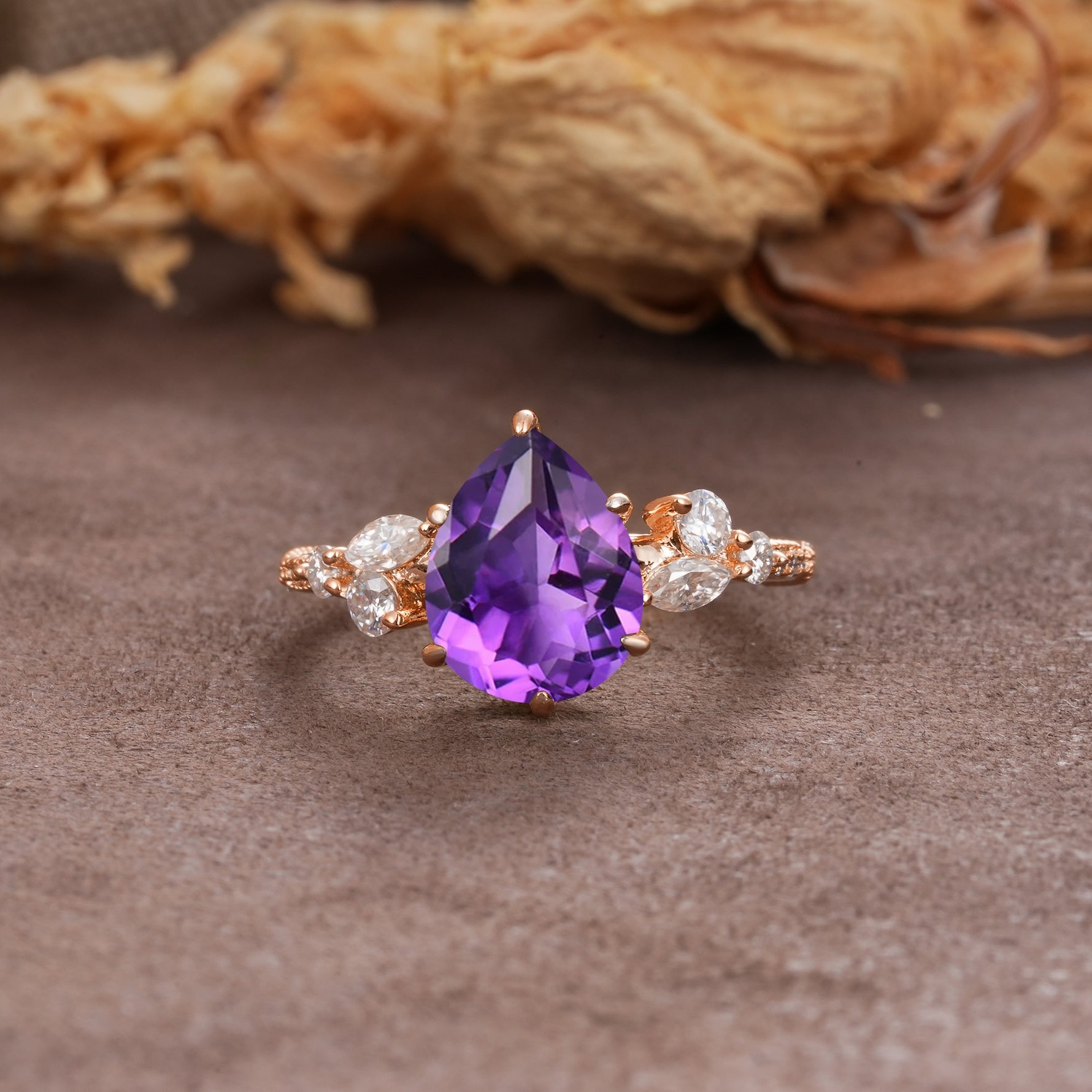 Delicate Leaf Vine Multi 4 Prong Pear Cut Amethyst Engagement Ring - Additional view