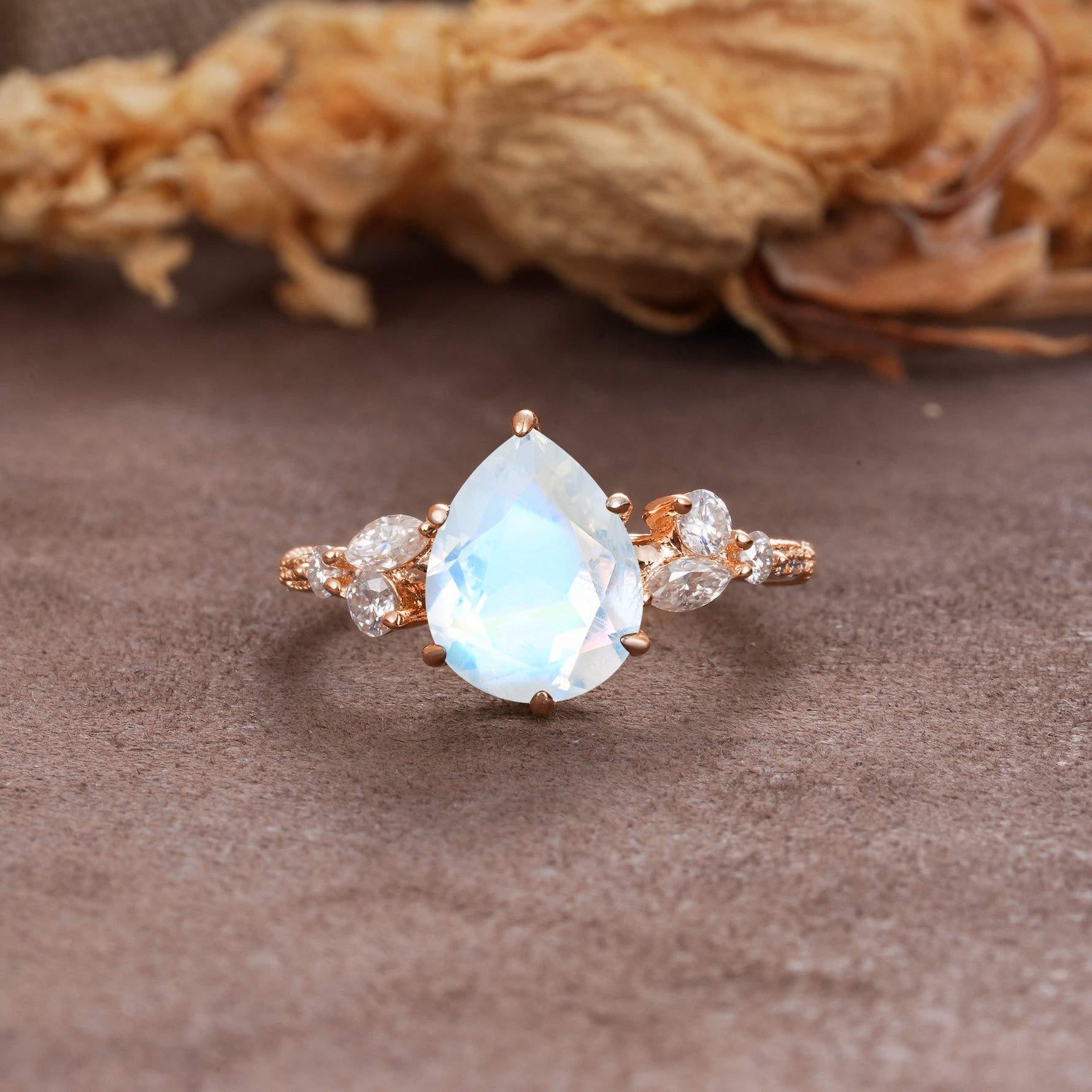 Delicate Leaf Vine Multi 4 Prong Pear Cut Moonstone Engagement Ring - Additional view