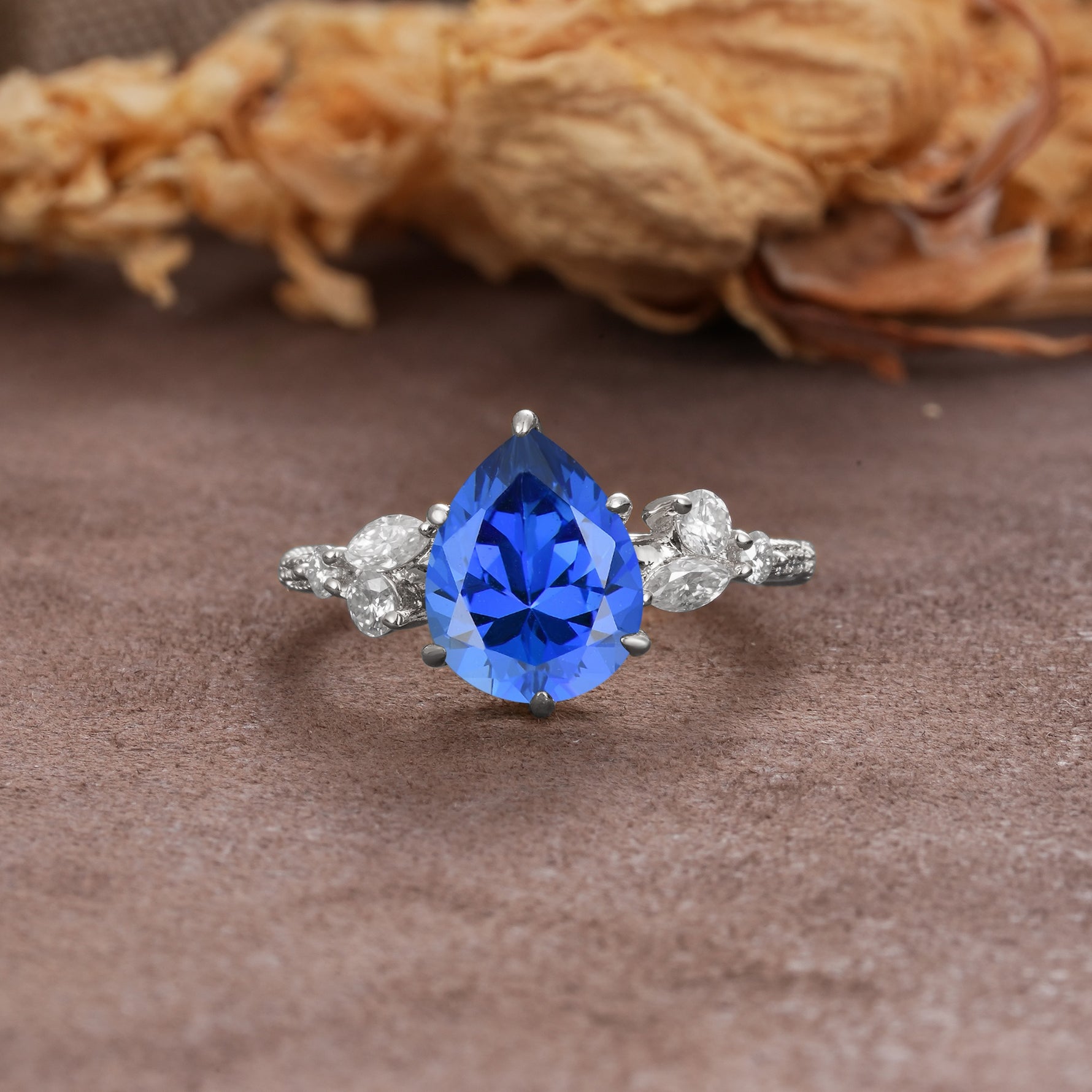 Delicate Leaf Vine Multi 4 Prong Pear Cut Sapphire Engagement Ring - Additional view