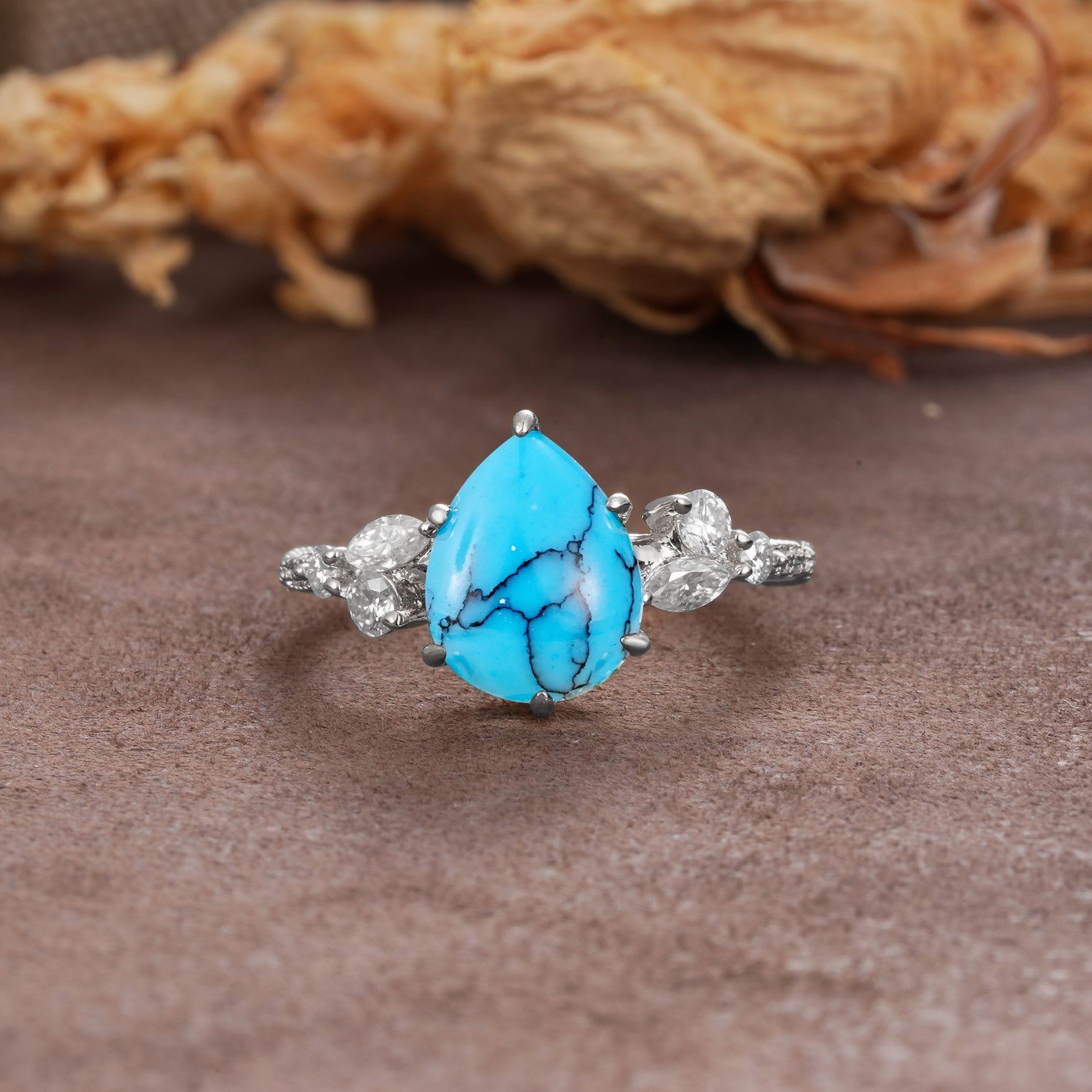 Delicate Leaf Vine Multi 4 Prong Pear Cut Turquoise Engagement Ring - Additional view