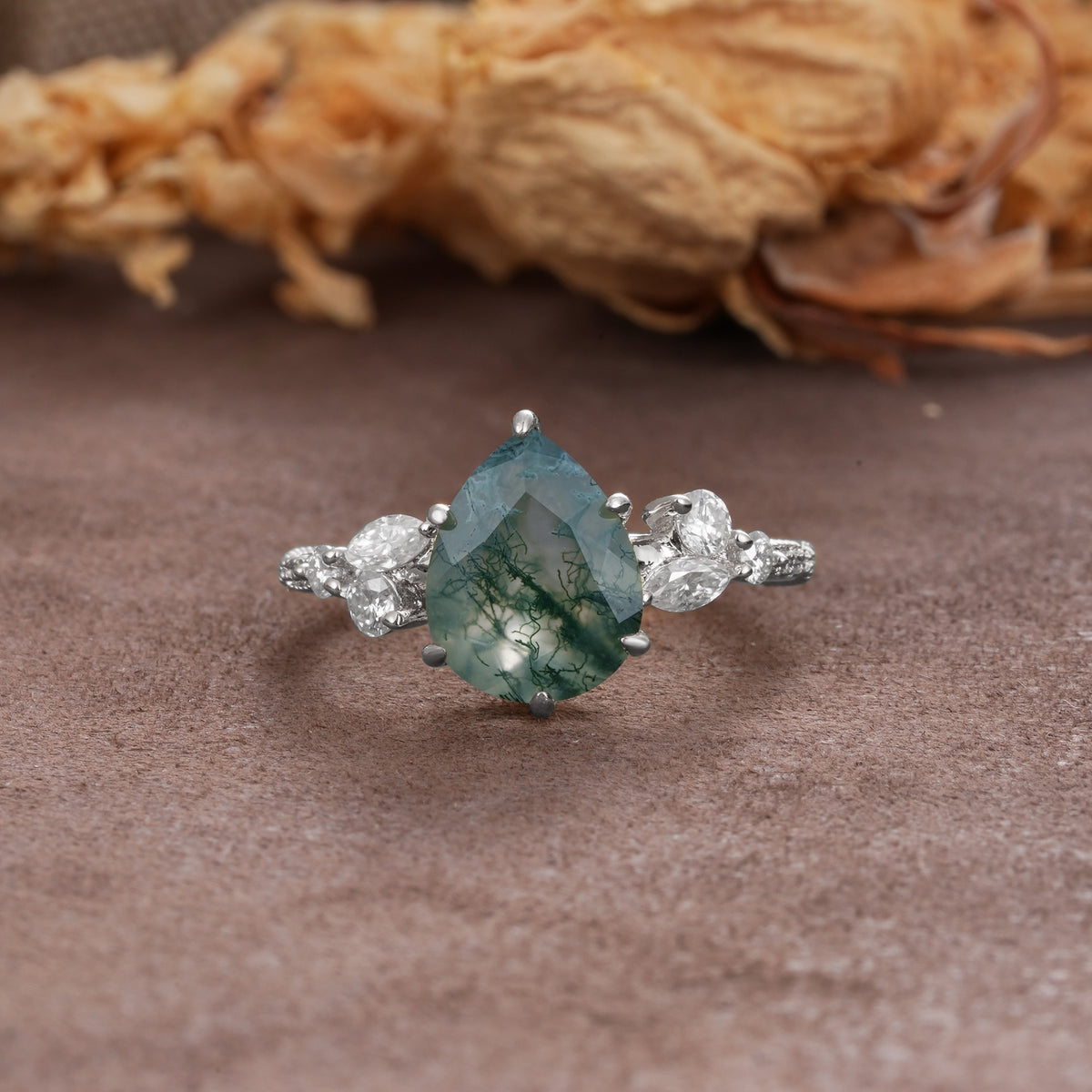 Delicate Leaf Vine Multi 4 Prong Pear Cut Moss Agate Engagement Ring - Additional view