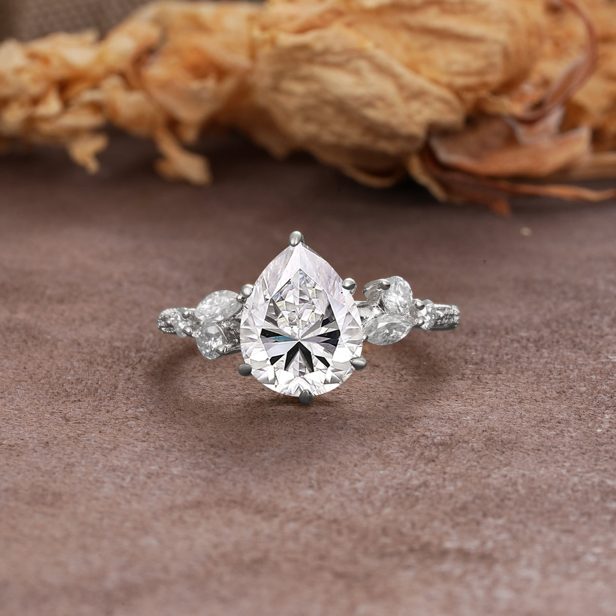 Delicate Leaf Vine Multi 4 Prong Pear Cut Lab Diamond Engagement Ring - Additional view