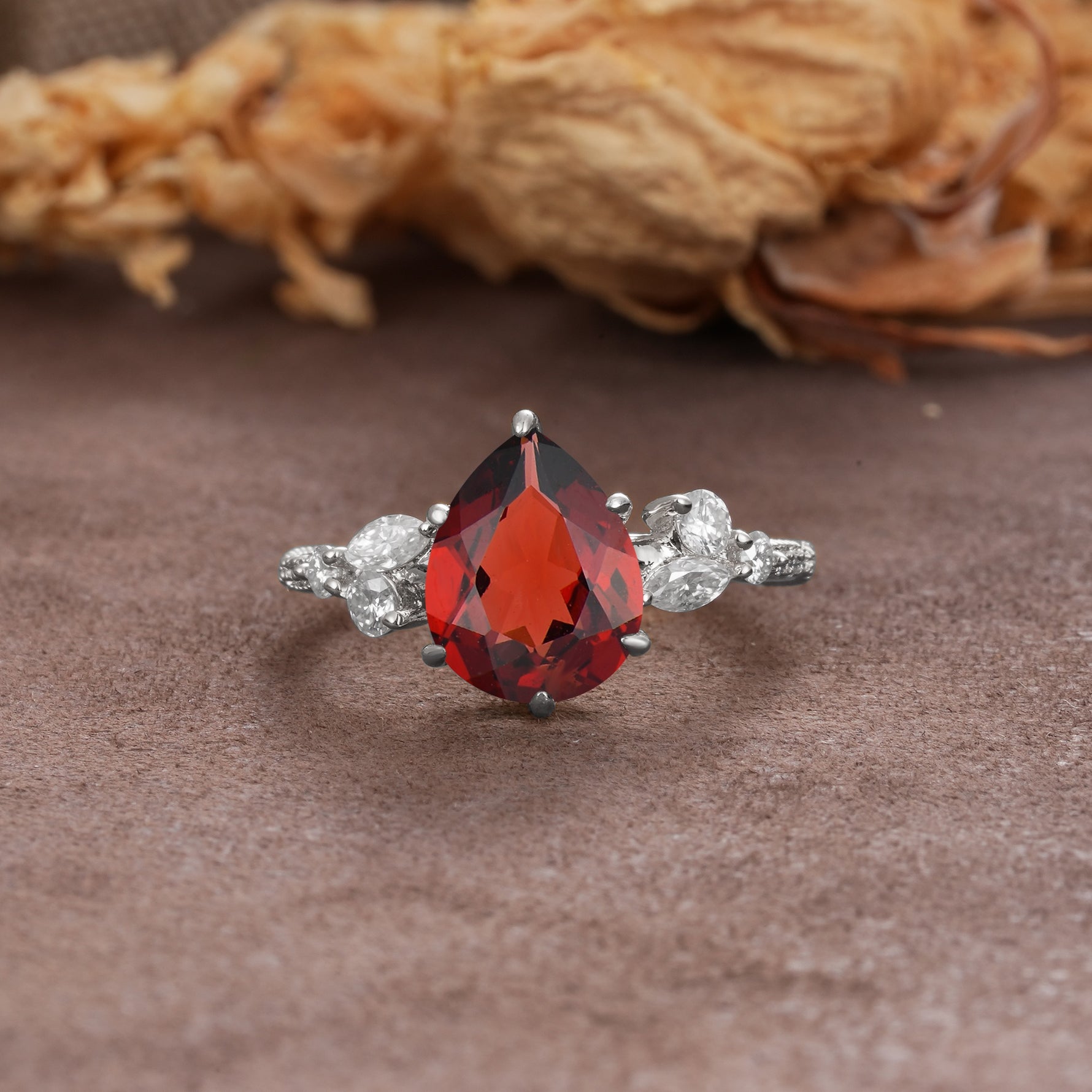 Delicate Leaf Vine Multi 4 Prong Pear Cut Garnet Engagement Ring - Additional view