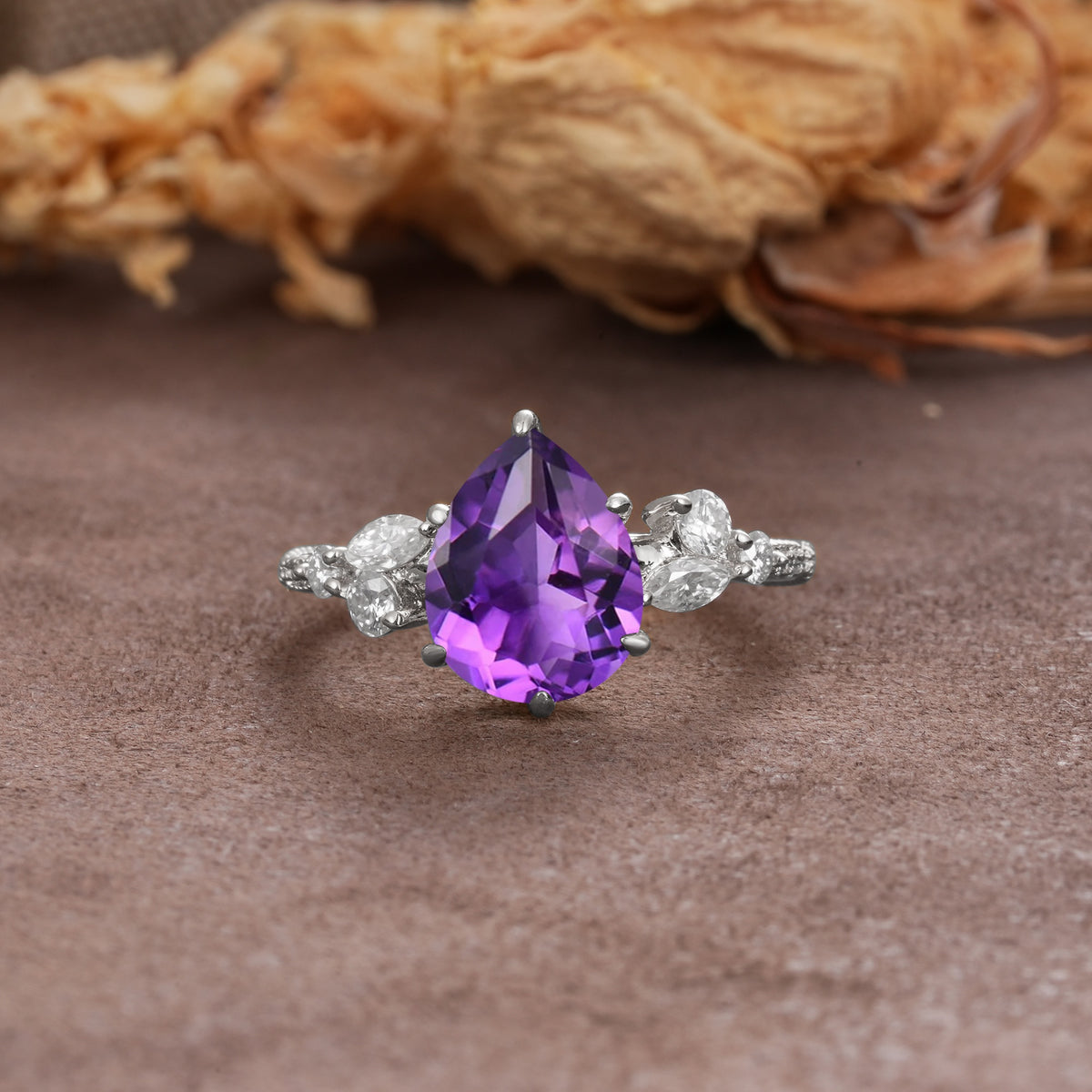 Delicate Leaf Vine Multi 4 Prong Pear Cut Amethyst Engagement Ring - Additional view