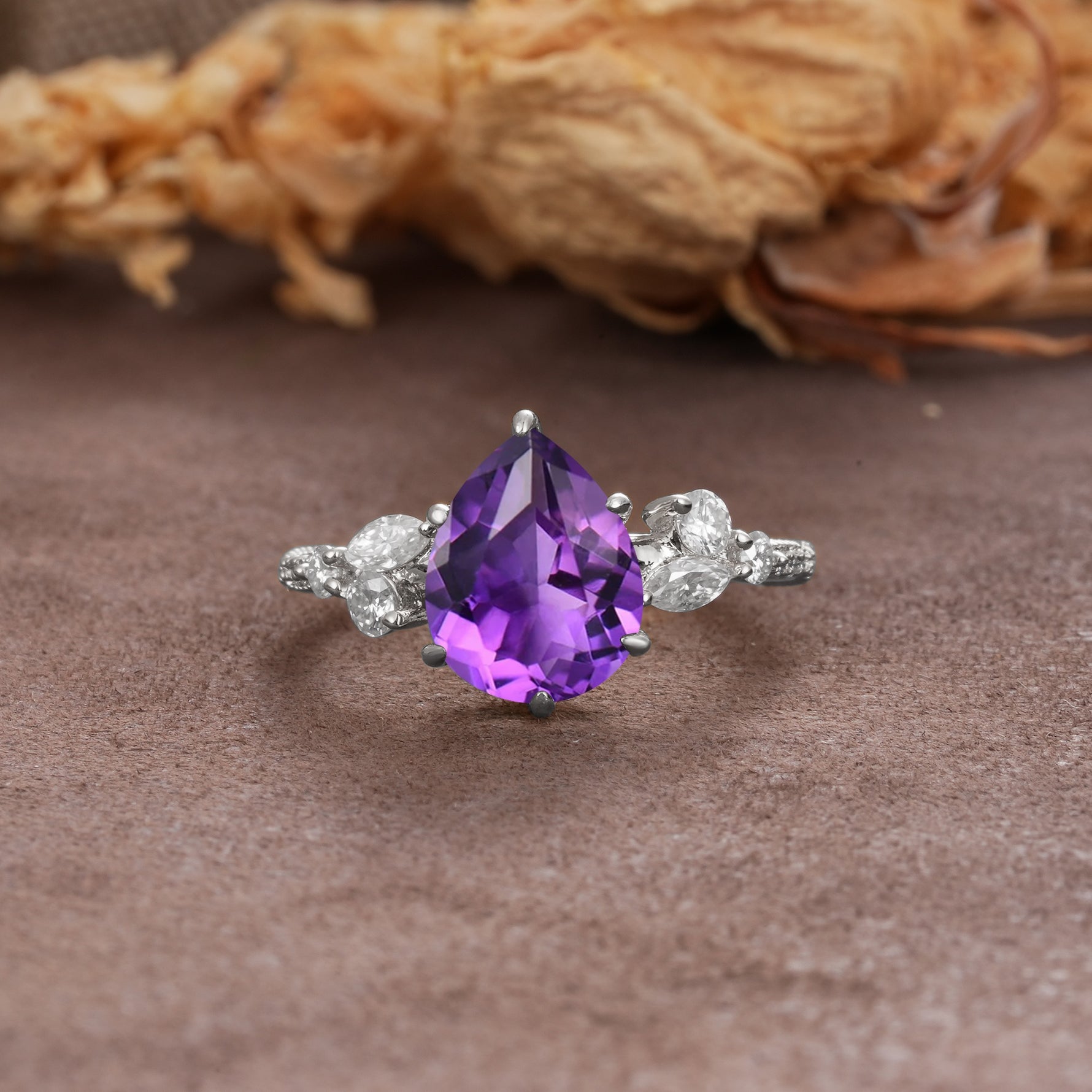 Delicate Leaf Vine Multi 4 Prong Pear Cut Amethyst Engagement Ring - Additional view