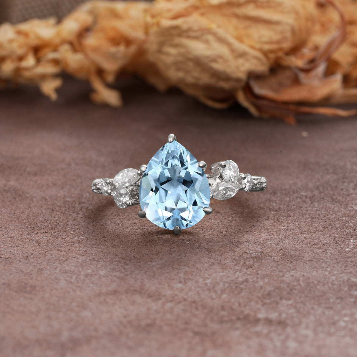 Delicate Leaf Vine Multi 4 Prong Pear Cut Aquamarine Engagement Ring - Additional view