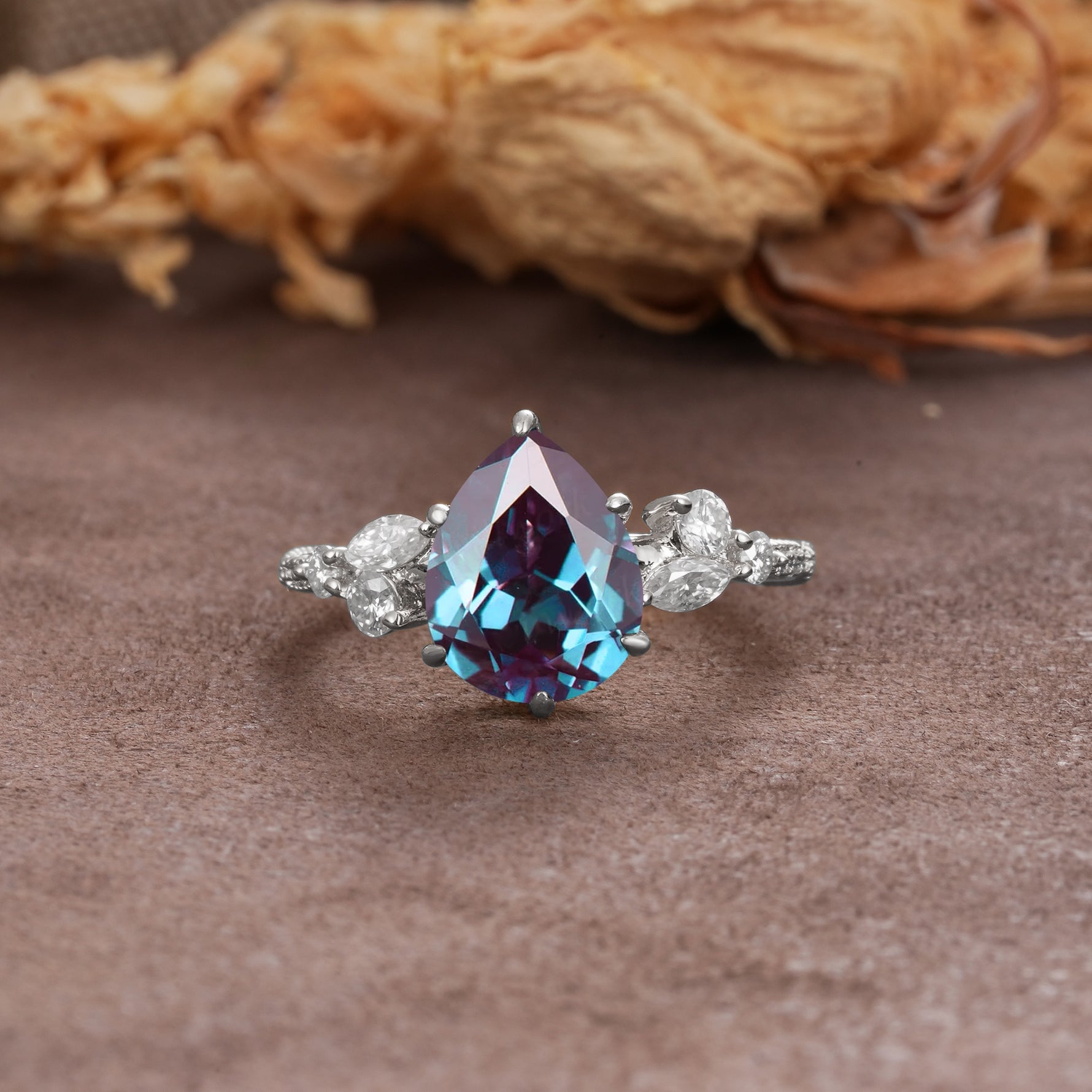 Delicate Leaf Vine Multi 4 Prong Pear Cut Alexandrite Engagement Ring - Additional view