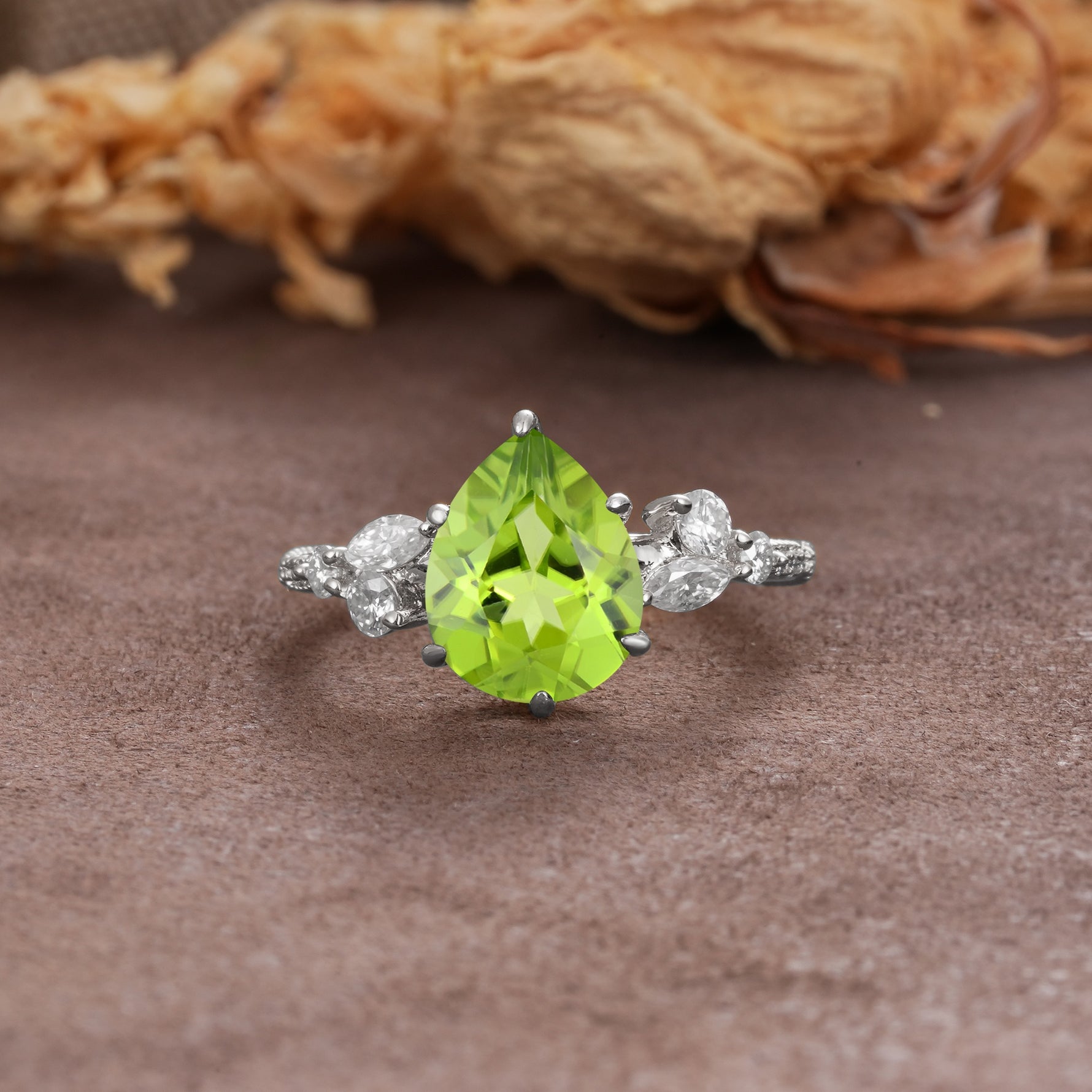 Delicate Leaf Vine Multi 4 Prong Pear Cut Peridot Engagement Ring - Additional view