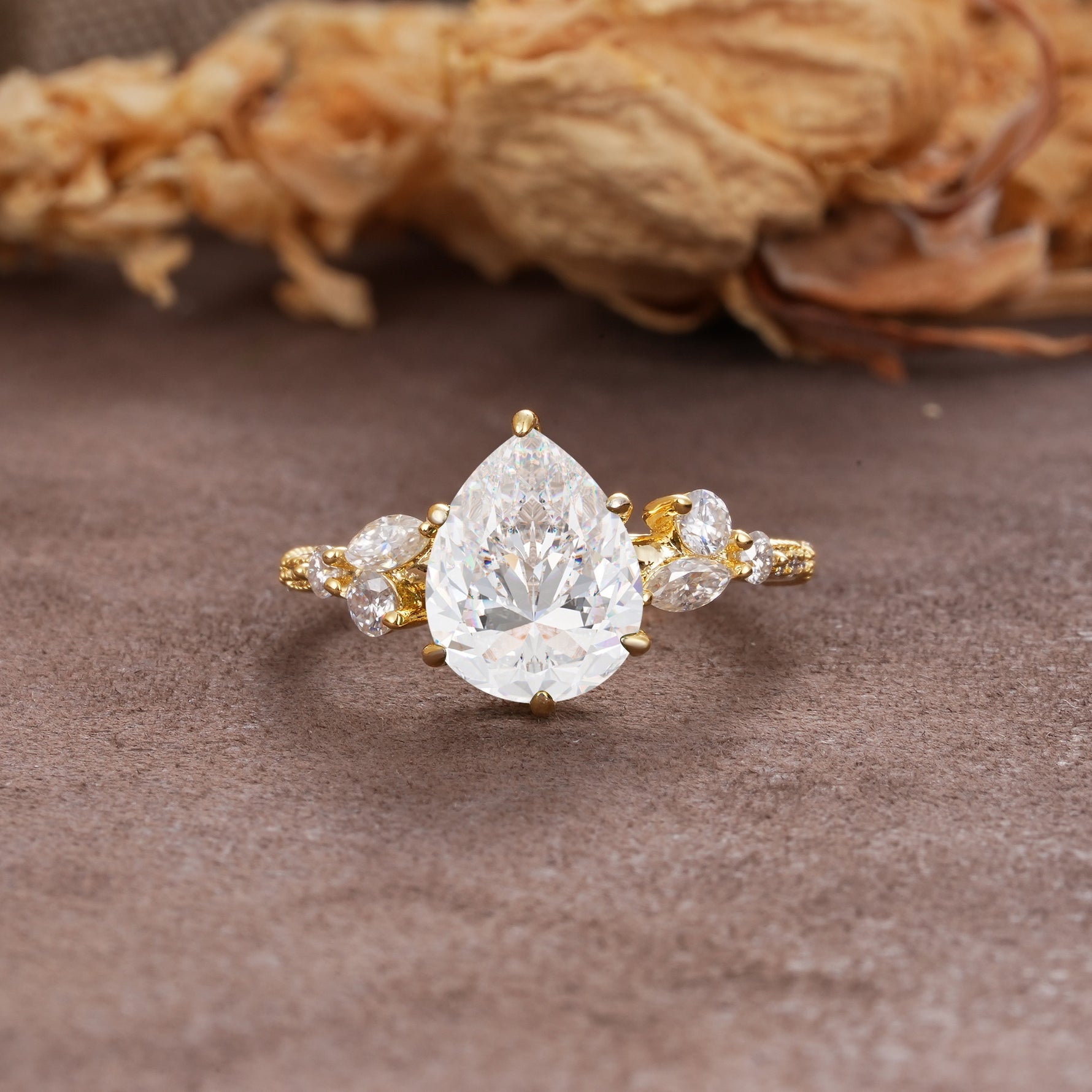 Delicate Leaf Vine Multi 4 Prong Pear Cut Moissanite Engagement Ring - Additional view