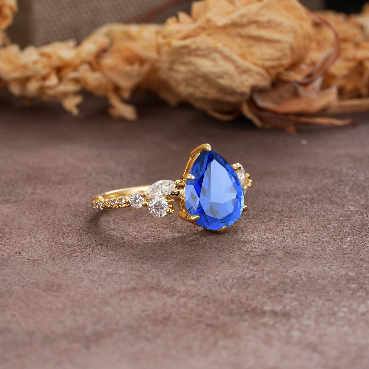 Delicate Leaf Vine Multi 4 Prong Pear Cut Sapphire Engagement Ring - Additional view