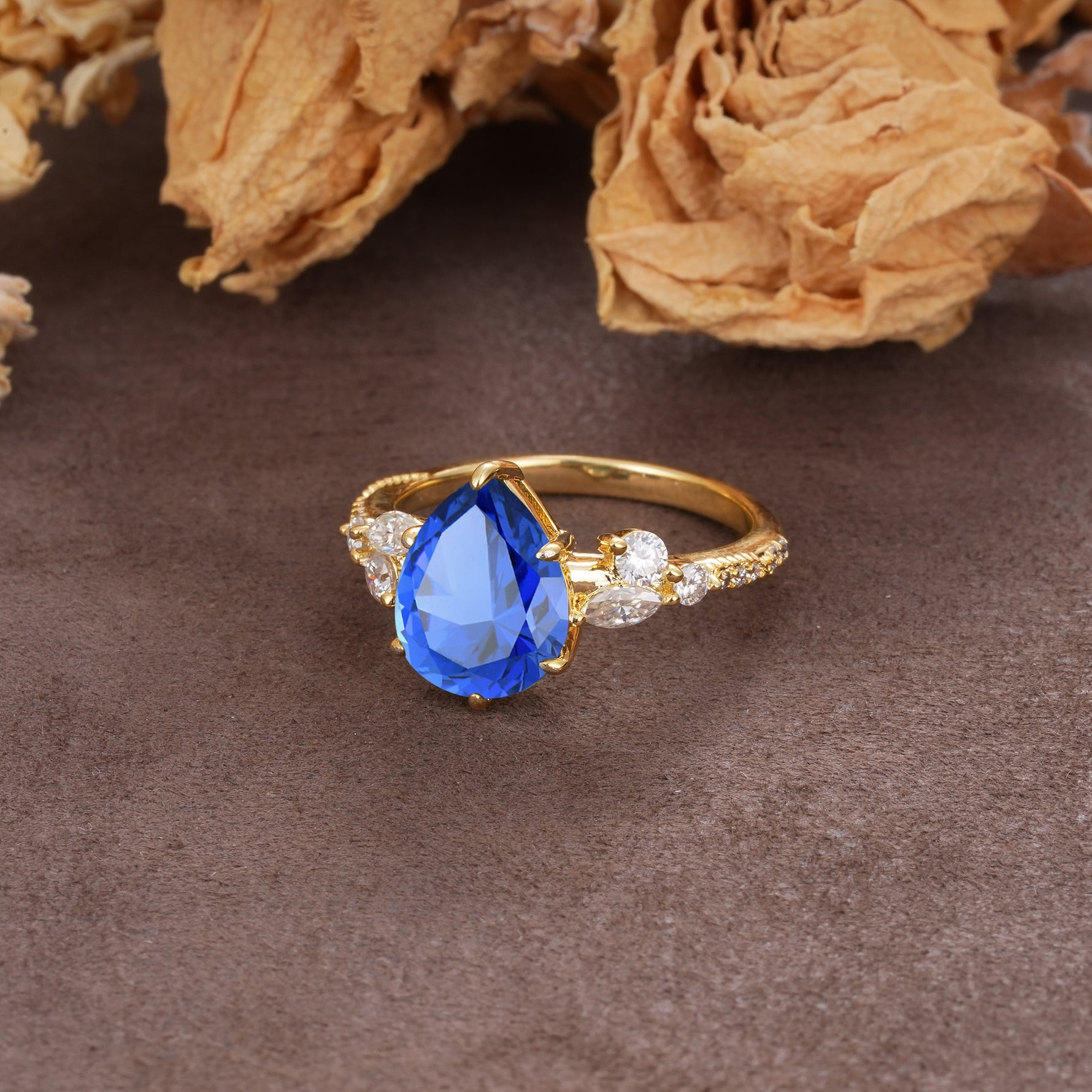 Delicate Leaf Vine Multi 4 Prong Pear Cut Sapphire Engagement Ring - Additional view