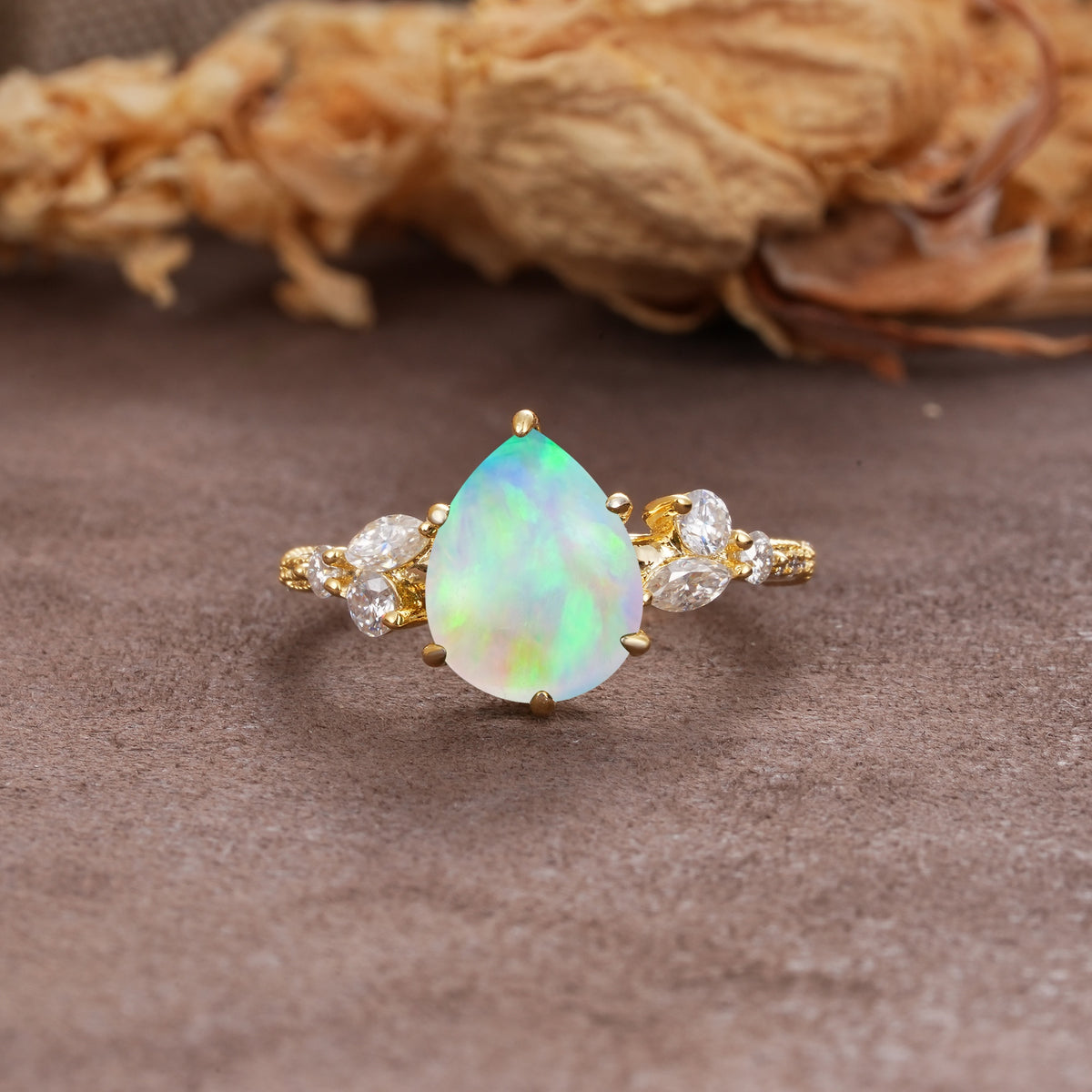 Delicate Leaf Vine Multi 4 Prong Pear Cut Fire Opal Engagement Ring - Additional view