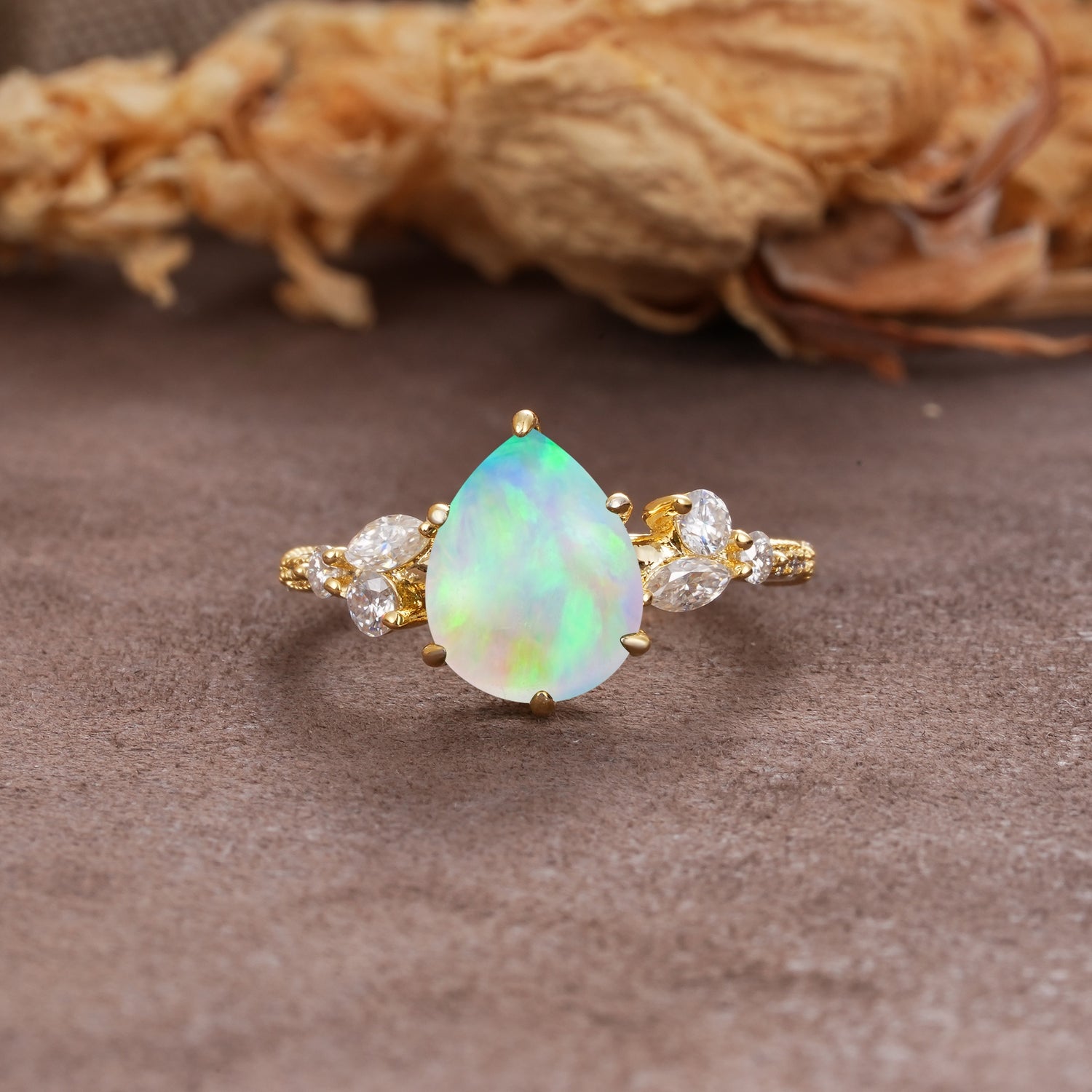 Delicate Leaf Vine Multi 4 Prong Pear Cut Fire Opal Engagement Ring - Additional view