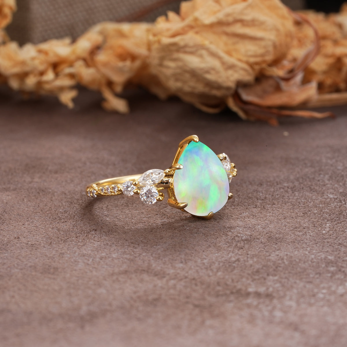 Delicate Leaf Vine Multi 4 Prong Pear Cut Fire Opal Engagement Ring - Additional view