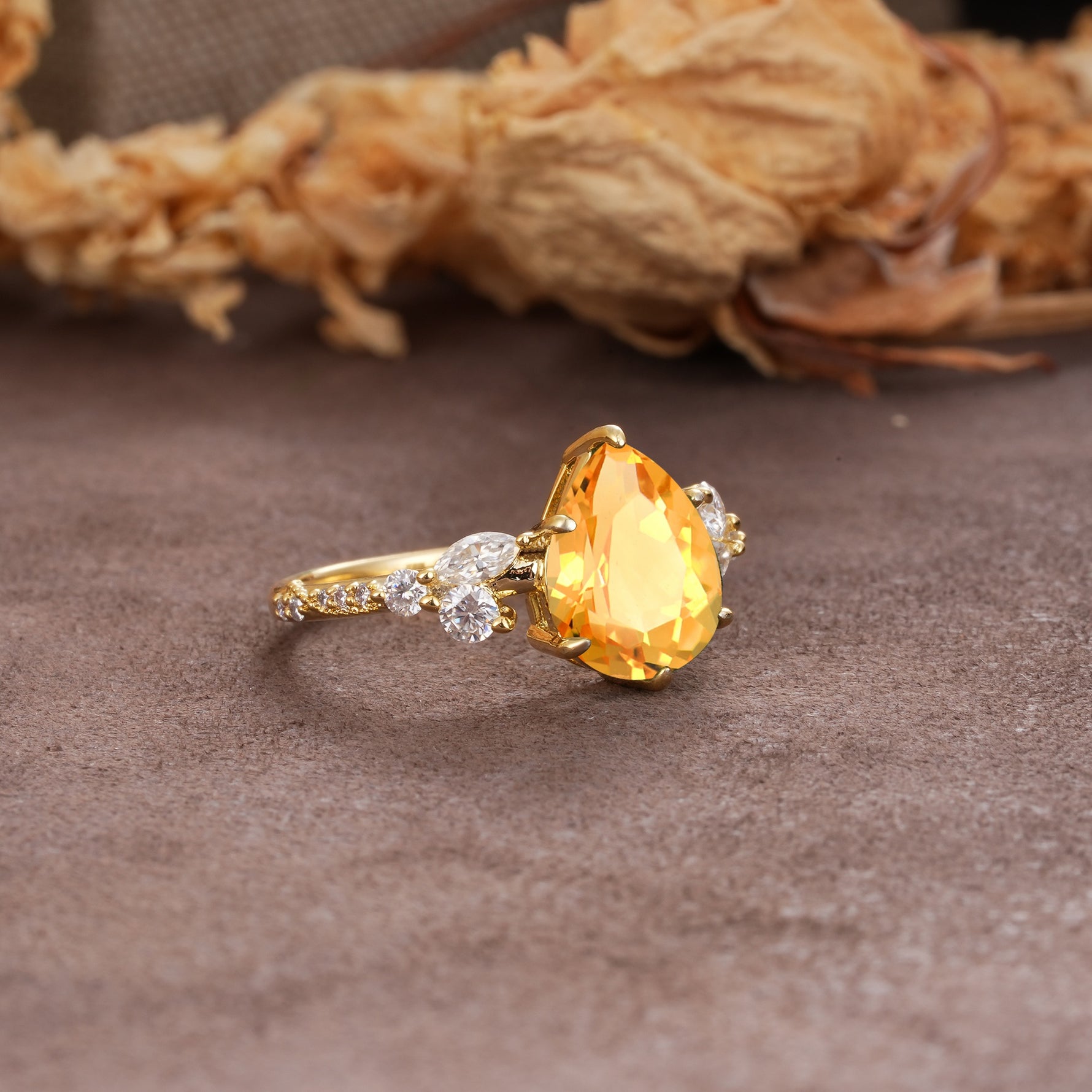 Delicate Leaf Vine Multi 4 Prong Pear Cut Citrine Engagement Ring - Additional view