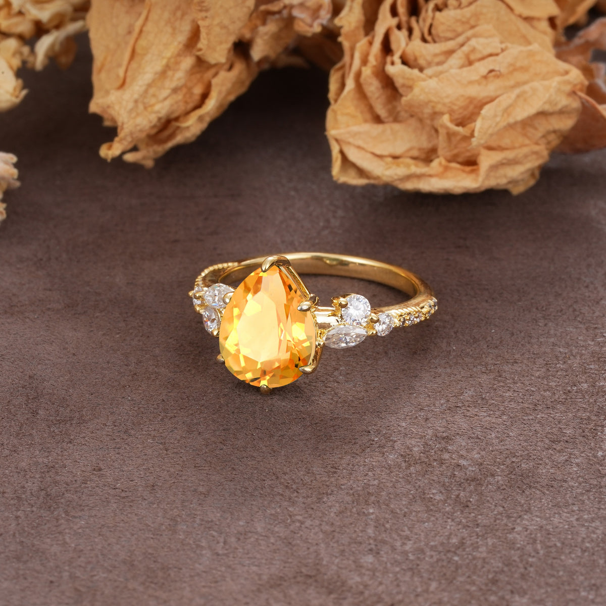 Delicate Leaf Vine Multi 4 Prong Pear Cut Citrine Engagement Ring - Additional view