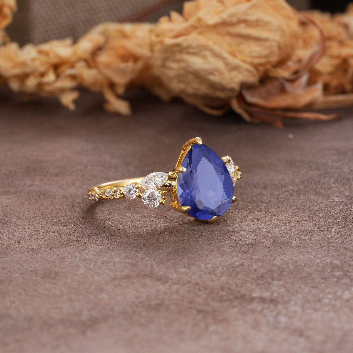 Delicate Leaf Vine Multi 4 Prong Pear Cut Tanzanite Engagement Ring - Additional view