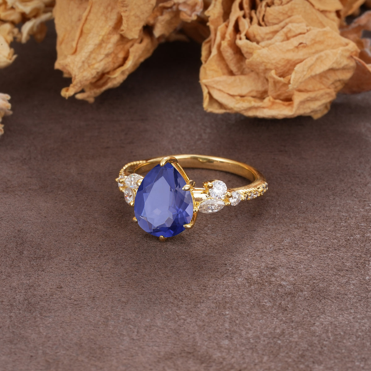Delicate Leaf Vine Multi 4 Prong Pear Cut Tanzanite Engagement Ring - Additional view
