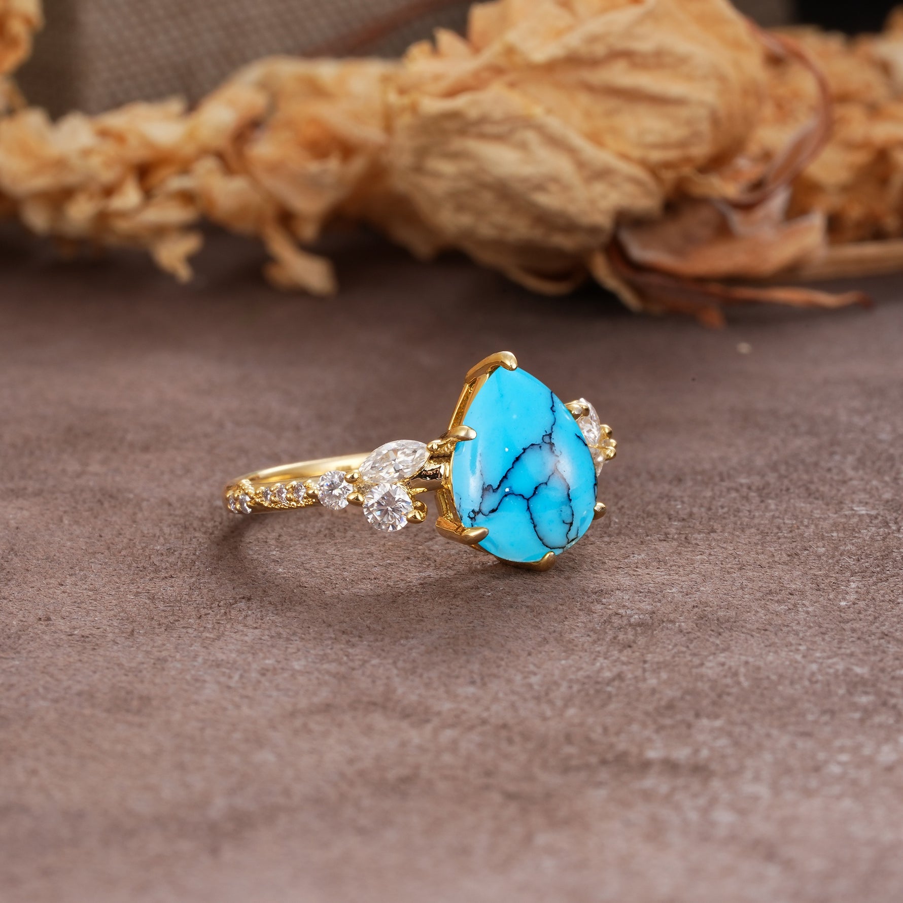 Delicate Leaf Vine Multi 4 Prong Pear Cut Turquoise Engagement Ring - Additional view