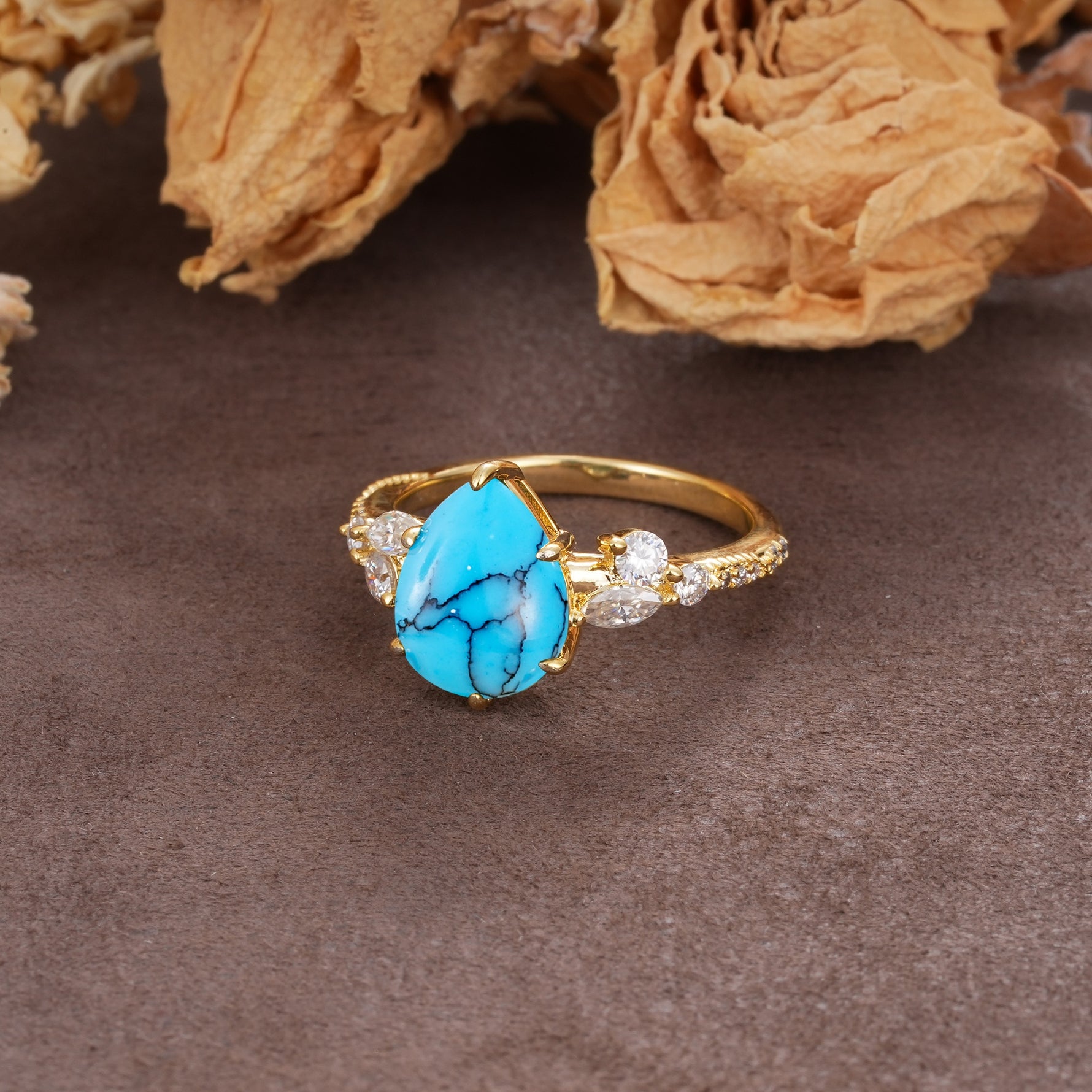 Delicate Leaf Vine Multi 4 Prong Pear Cut Turquoise Engagement Ring - Additional view