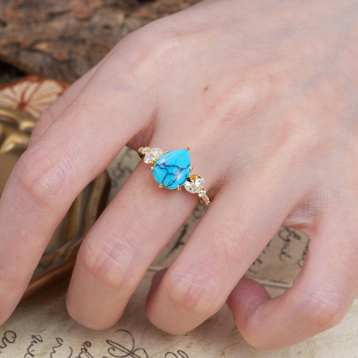 Delicate Leaf Vine Multi 4 Prong Pear Cut Turquoise Engagement Ring - Additional view