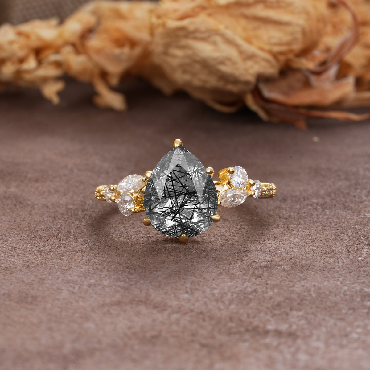 Delicate Leaf Vine Multi 4 Prong Pear Cut Black Rutilated Quartz Engagement Ring - Additional view