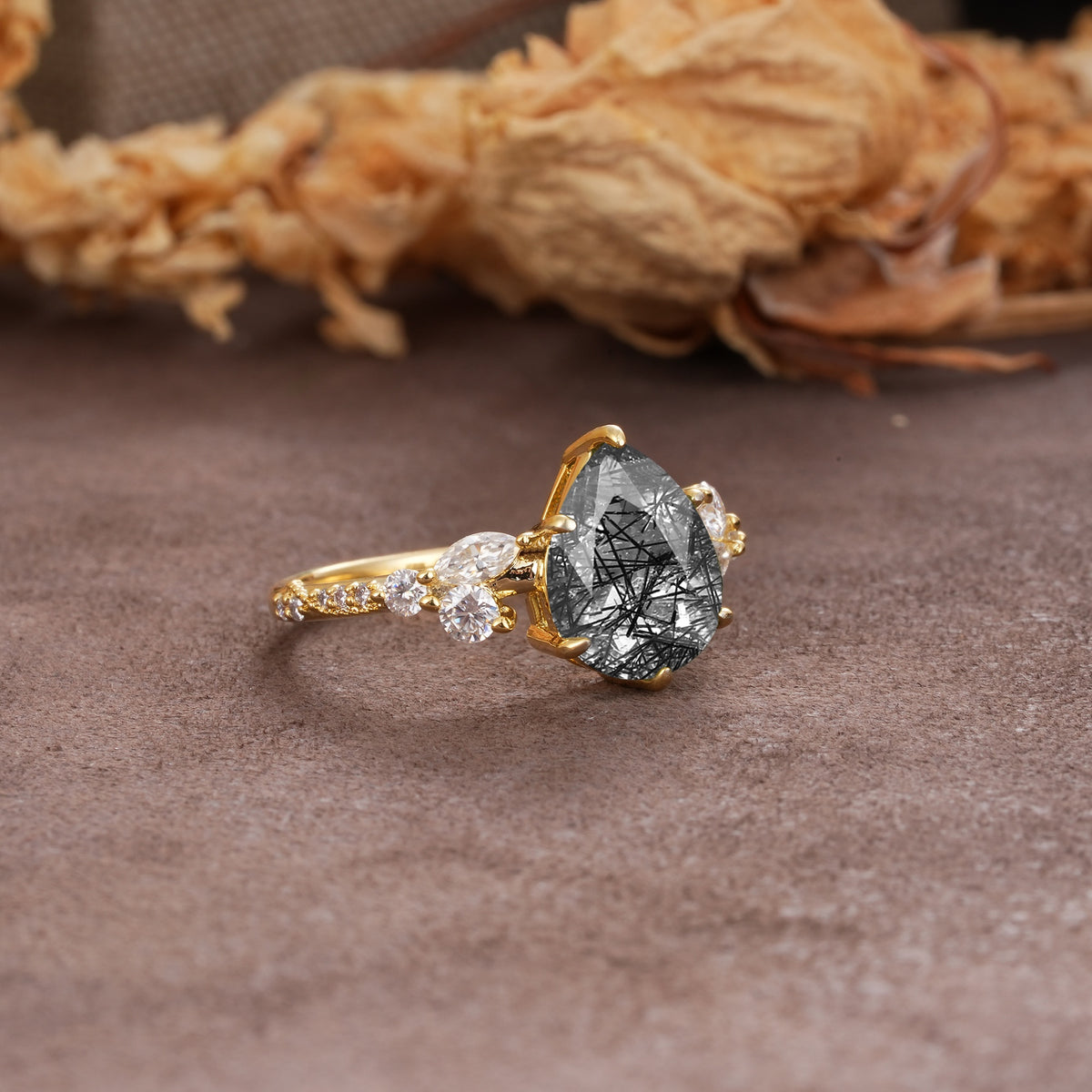 Delicate Leaf Vine Multi 4 Prong Pear Cut Black Rutilated Quartz Engagement Ring - Additional view