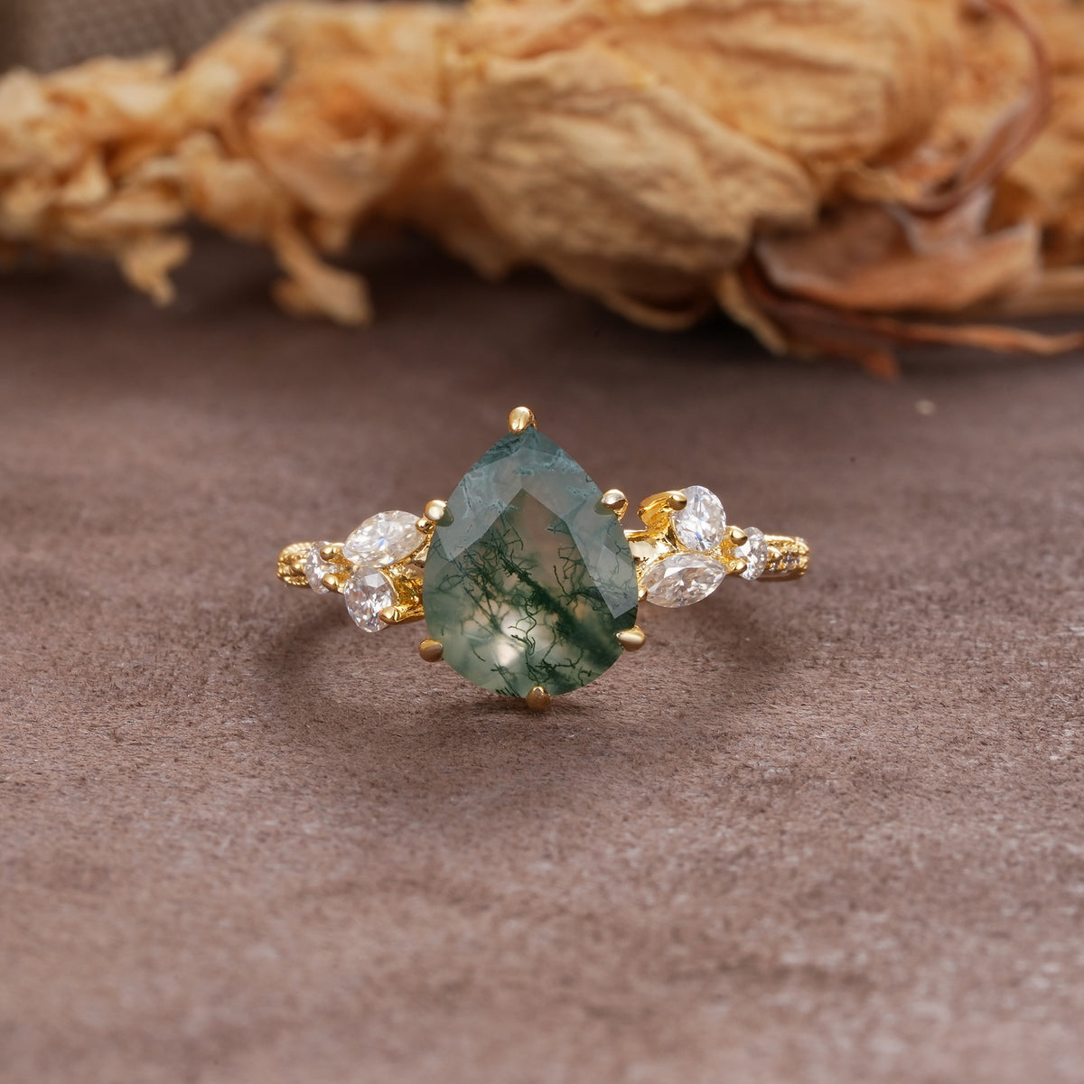Delicate Leaf Vine Multi 4 Prong Pear Cut Moss Agate Engagement Ring - Additional view