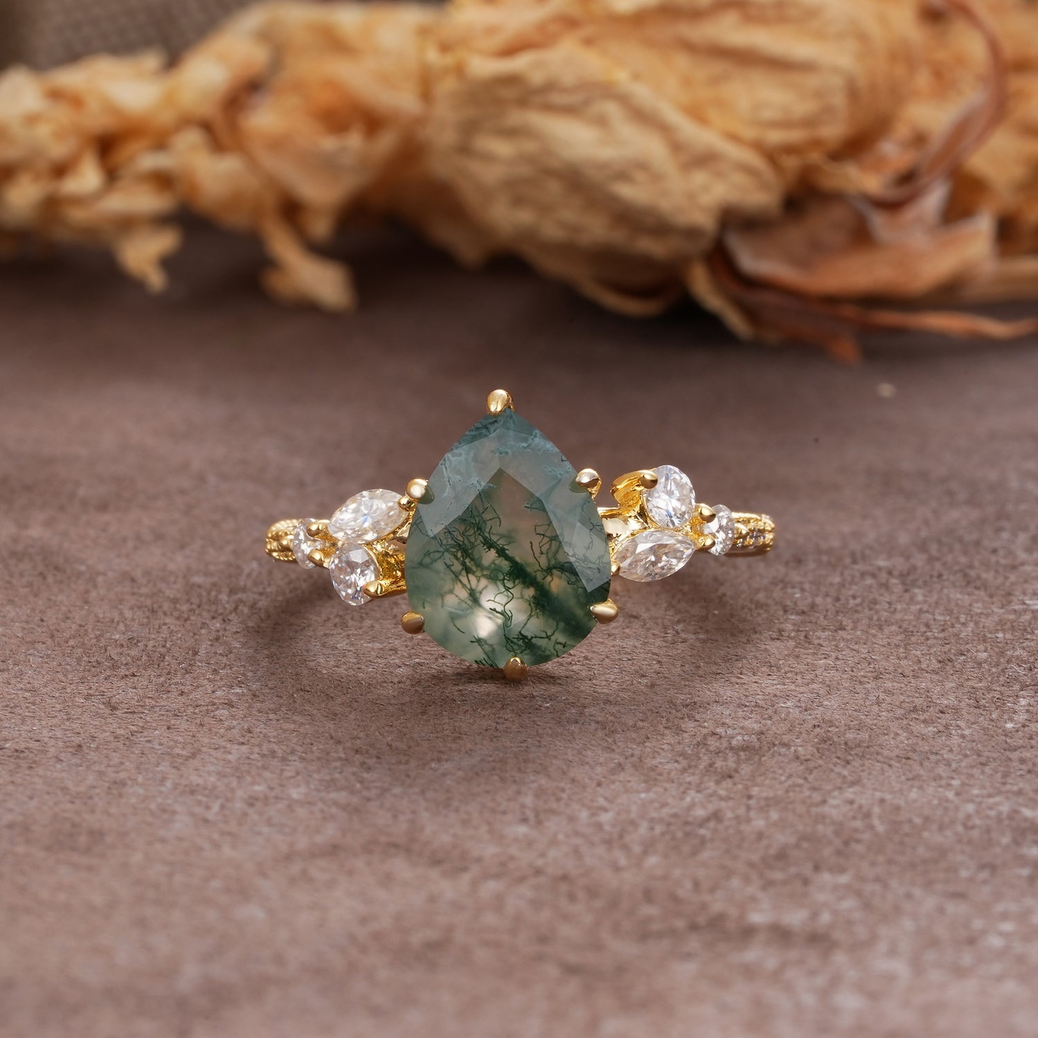 Delicate Leaf Vine Multi 4 Prong Pear Cut Moss Agate Engagement Ring - Additional view