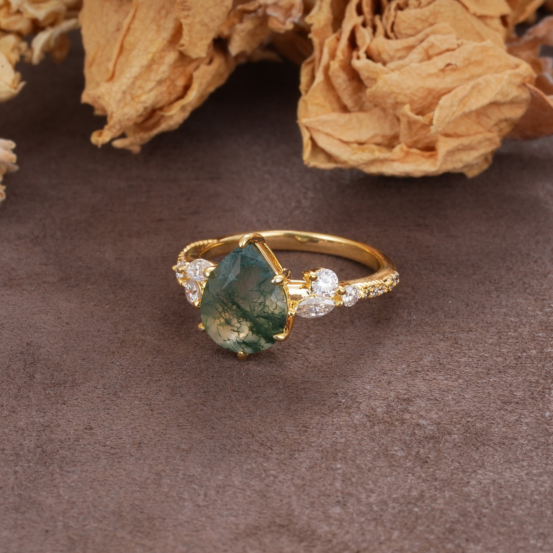 Delicate Leaf Vine Multi 4 Prong Pear Cut Moss Agate Engagement Ring - Additional view