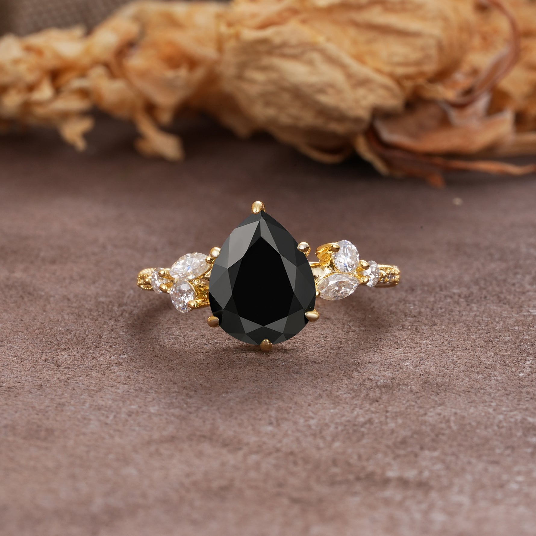 Delicate Leaf Vine Multi 4 Prong Pear Cut Black Onyx Engagement Ring - Additional view