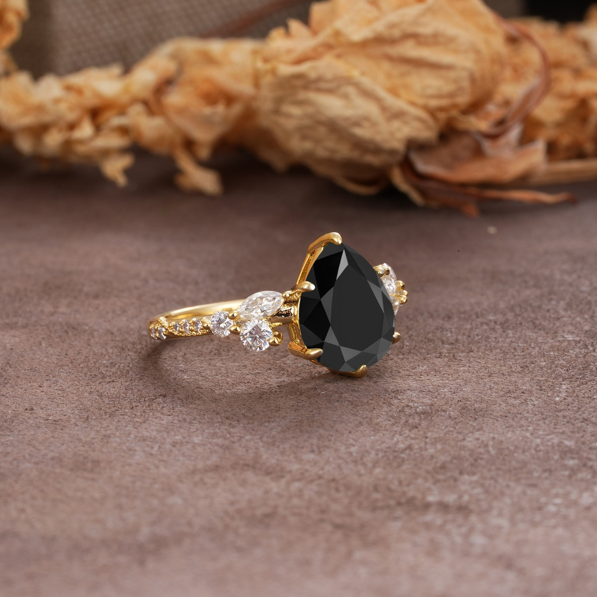 Delicate Leaf Vine Multi 4 Prong Pear Cut Black Onyx Engagement Ring - Additional view