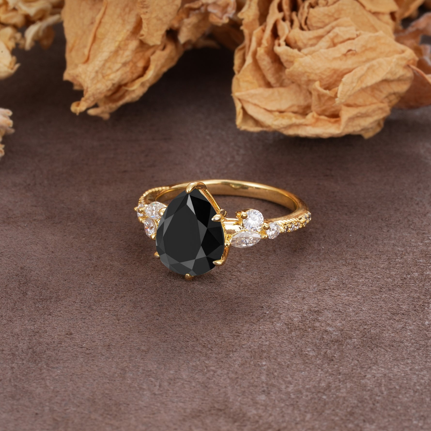 Delicate Leaf Vine Multi 4 Prong Pear Cut Black Onyx Engagement Ring - Additional view