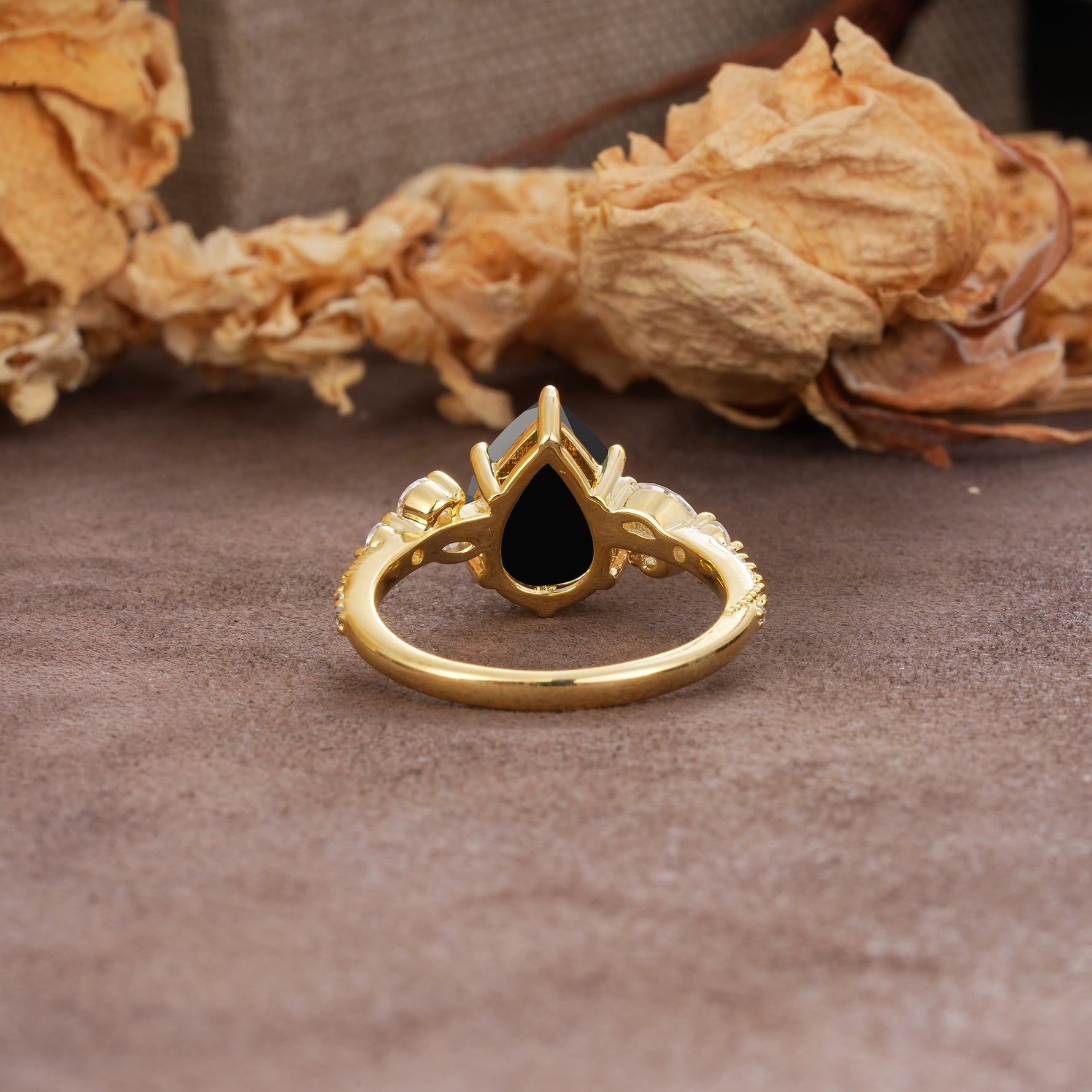 Delicate Leaf Vine Multi 4 Prong Pear Cut Black Onyx Engagement Ring - Additional view