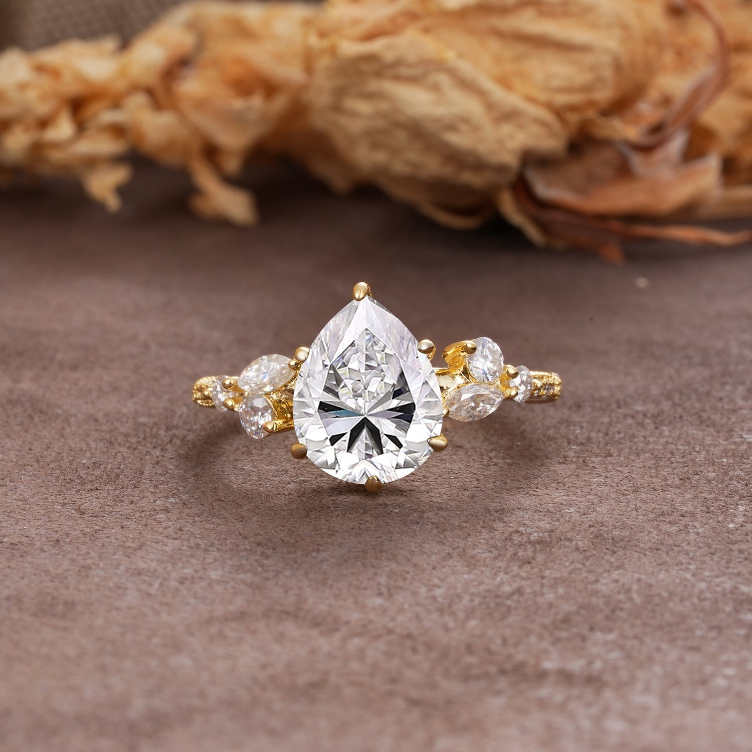 Delicate Leaf Vine Multi 4 Prong Pear Cut Lab Diamond Engagement Ring - Additional view