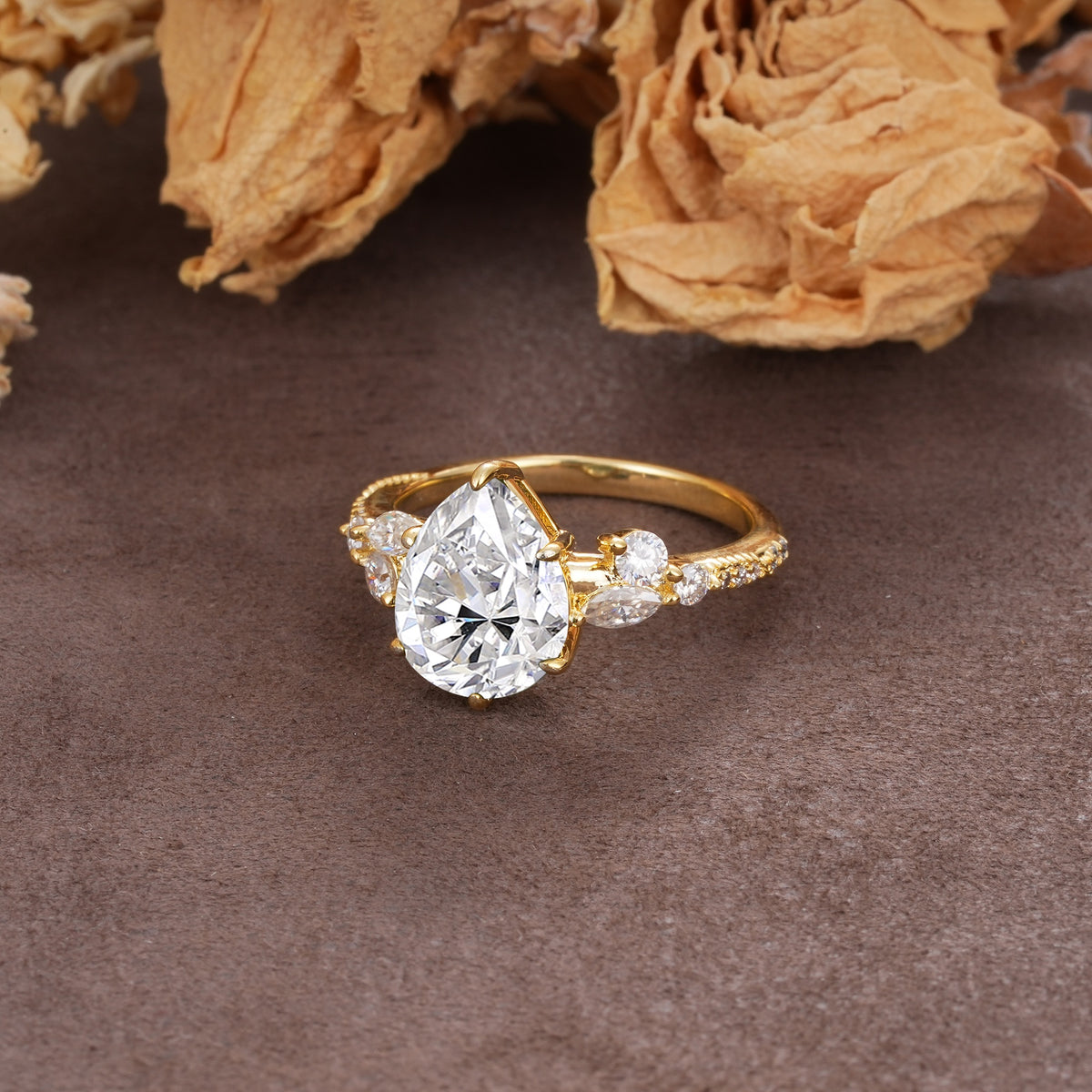 Delicate Leaf Vine Multi 4 Prong Pear Cut Lab Diamond Engagement Ring - Additional view