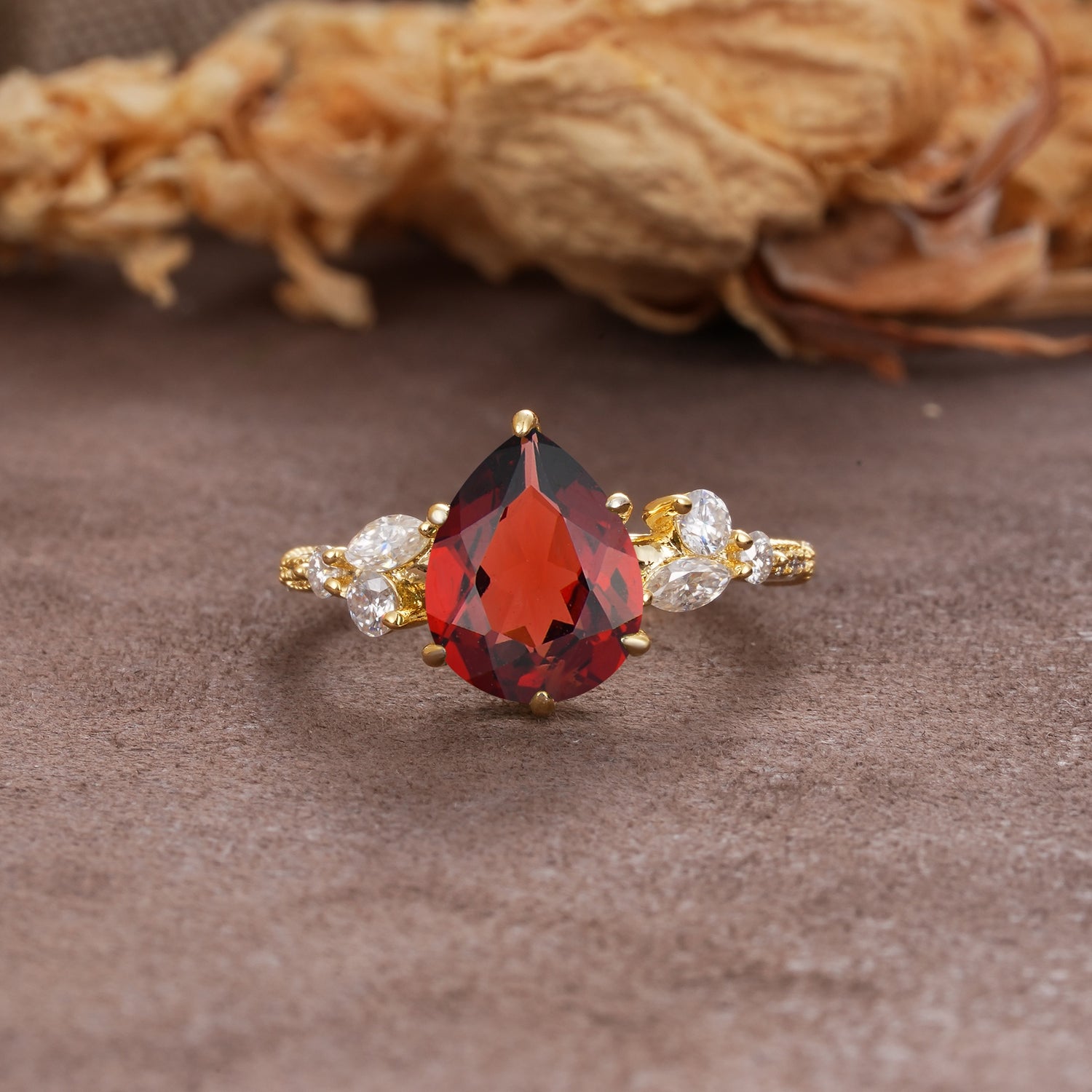 Delicate Leaf Vine Multi 4 Prong Pear Cut Garnet Engagement Ring - Additional view