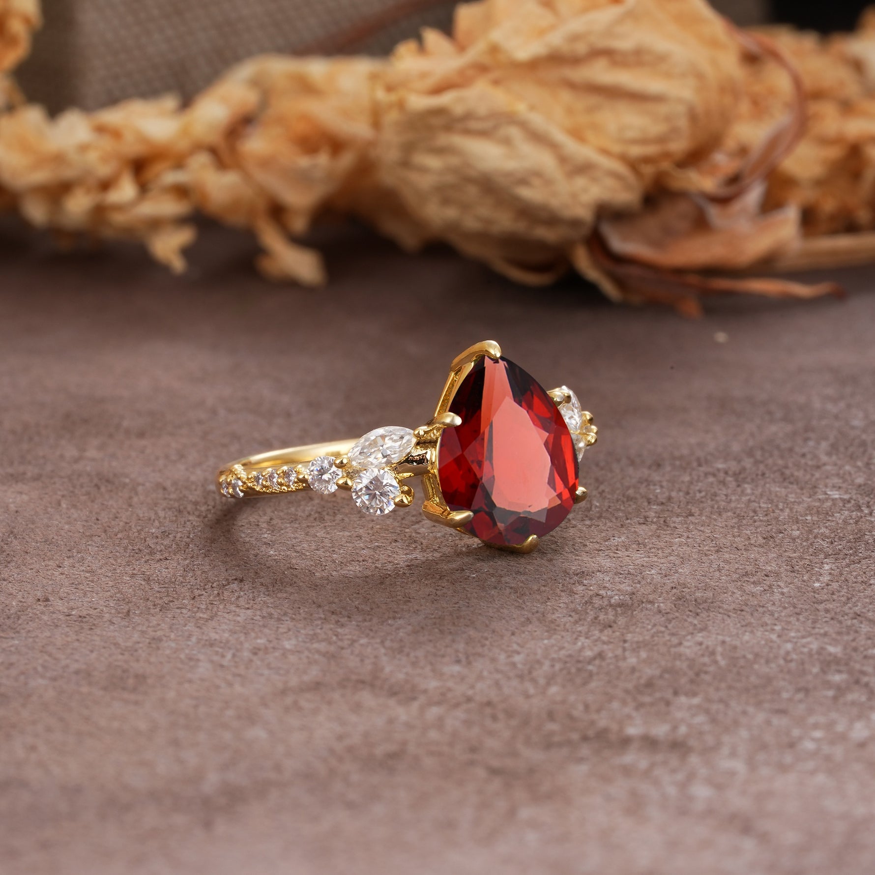 Delicate Leaf Vine Multi 4 Prong Pear Cut Garnet Engagement Ring - Additional view