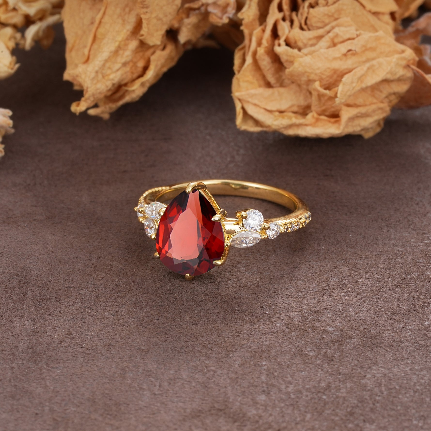 Delicate Leaf Vine Multi 4 Prong Pear Cut Garnet Engagement Ring - Additional view