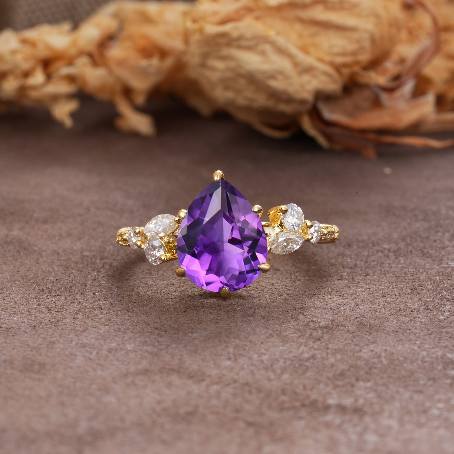 Delicate Leaf Vine Multi 4 Prong Pear Cut Amethyst Engagement Ring - Additional view