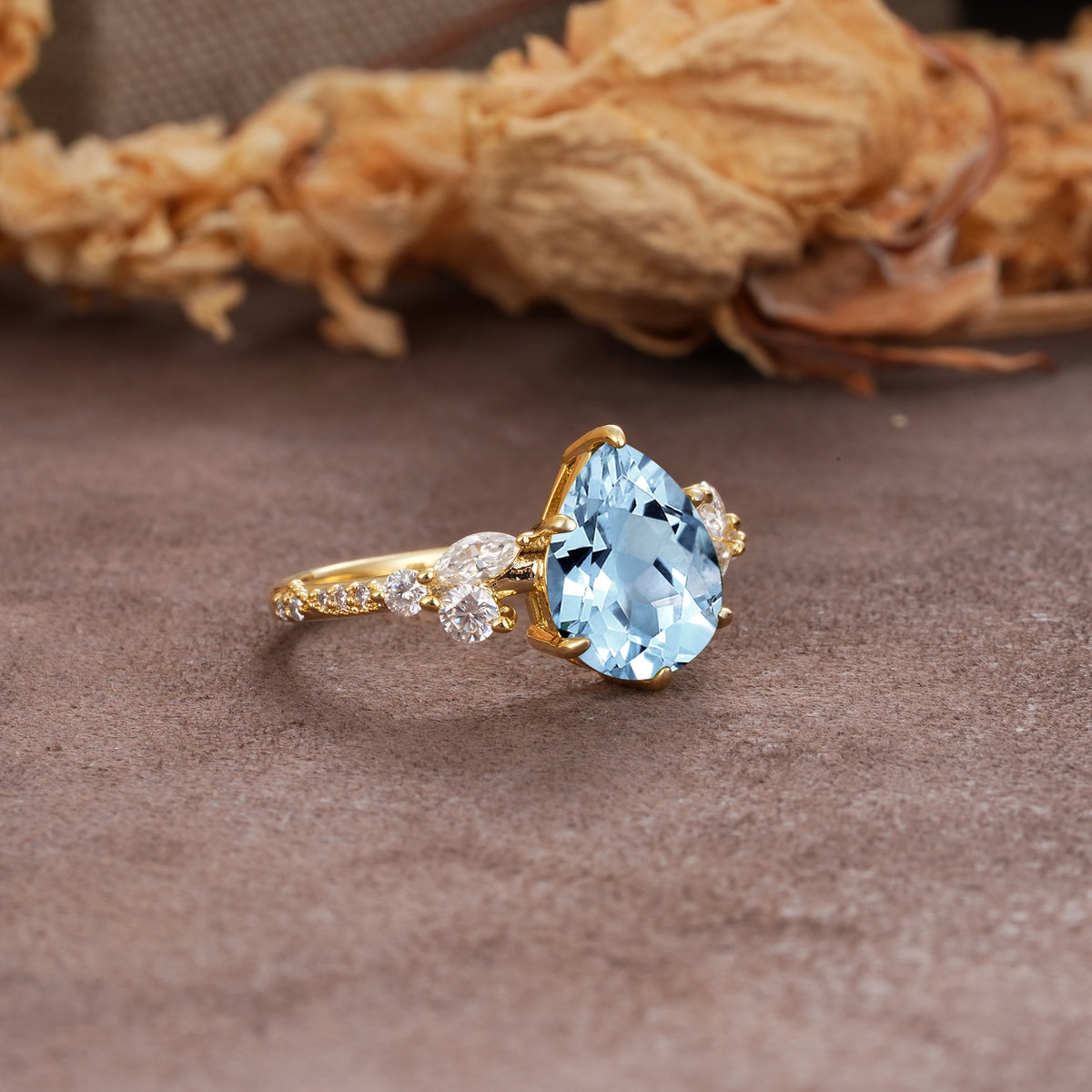 Delicate Leaf Vine Multi 4 Prong Pear Cut Aquamarine Engagement Ring - Additional view
